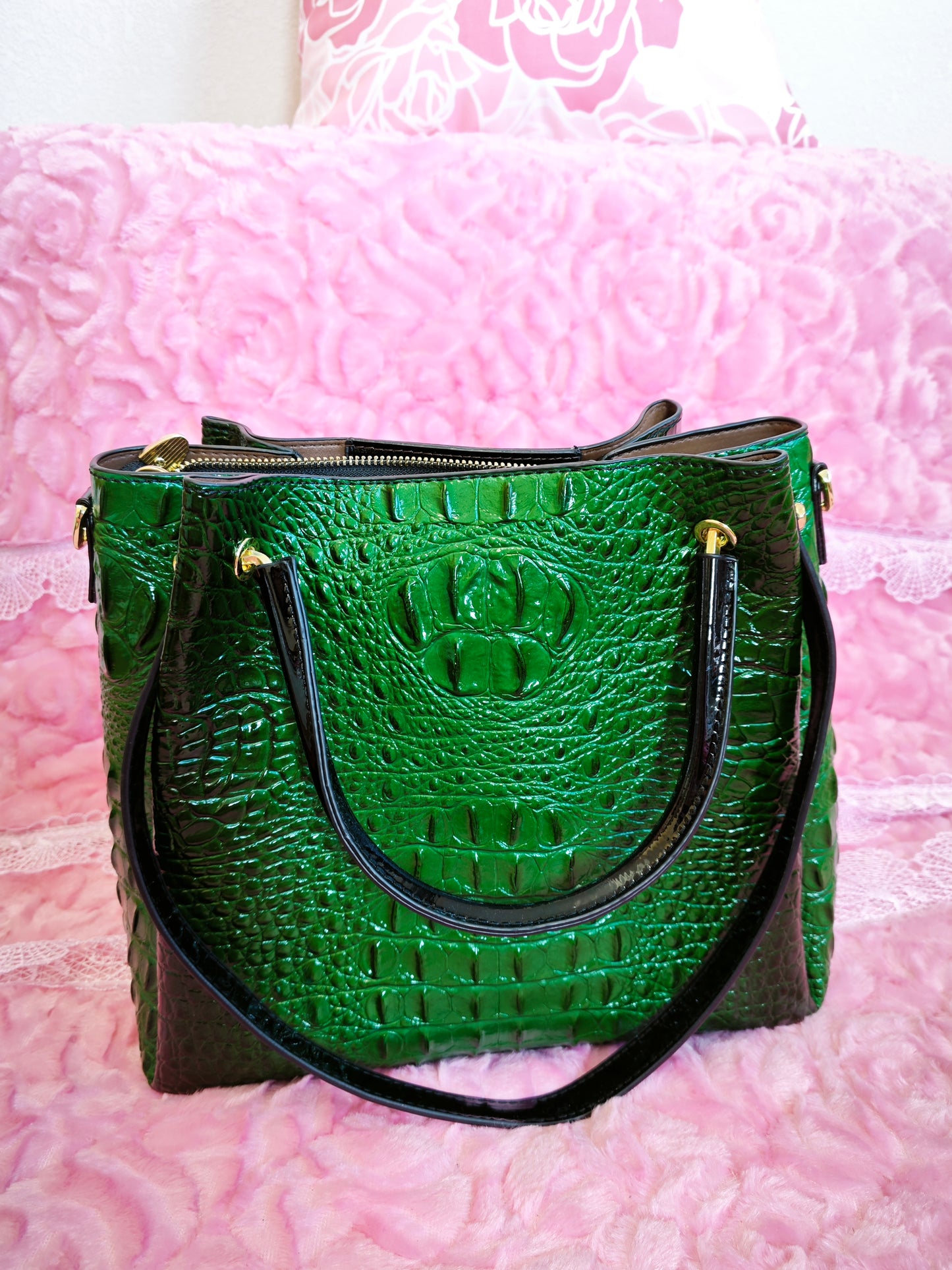 Dark Green Patent 3D Crocodile-Print Handbag with Contrast Handles