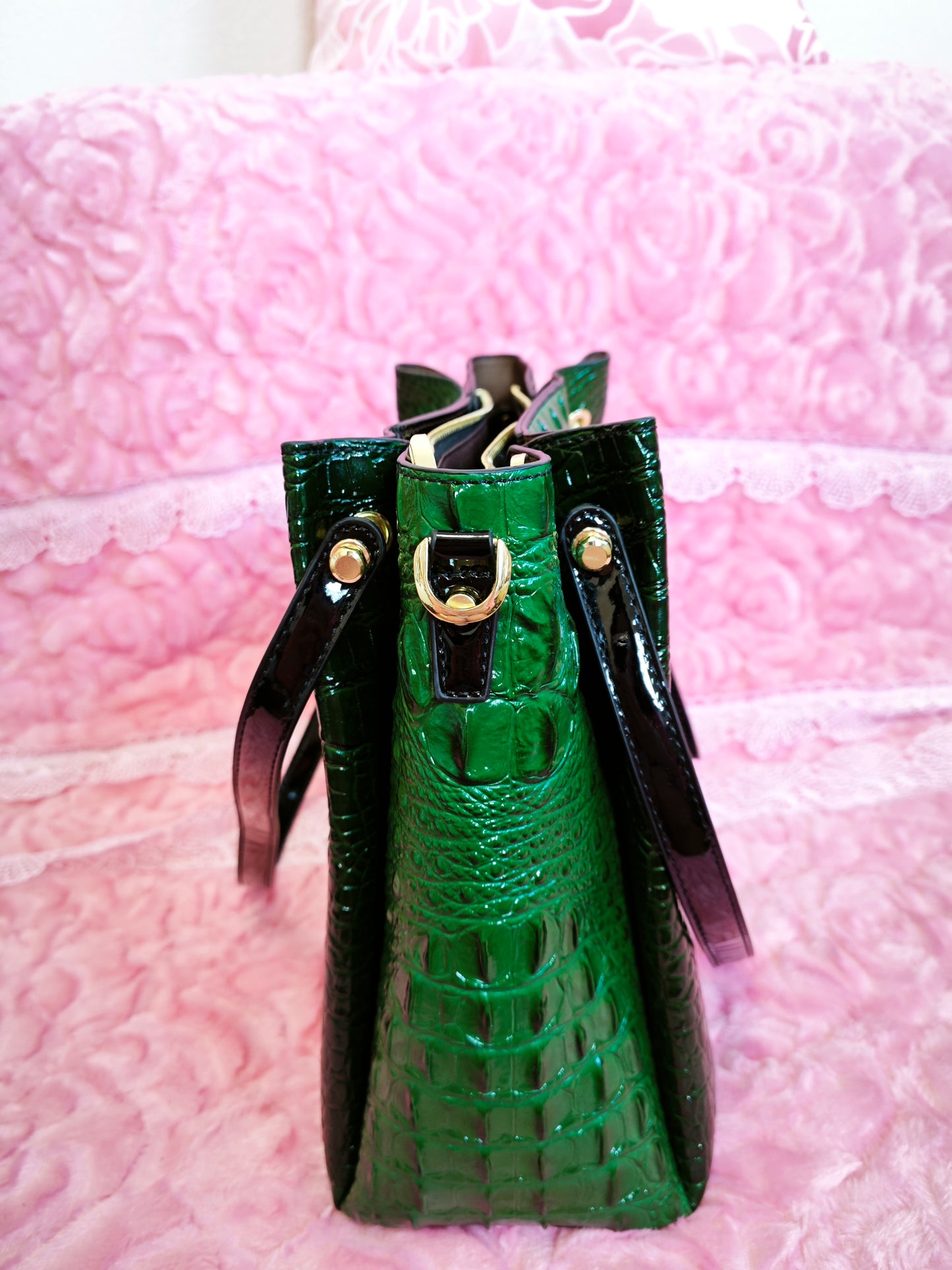 Dark Green Patent 3D Crocodile-Print Handbag with Contrast Handles