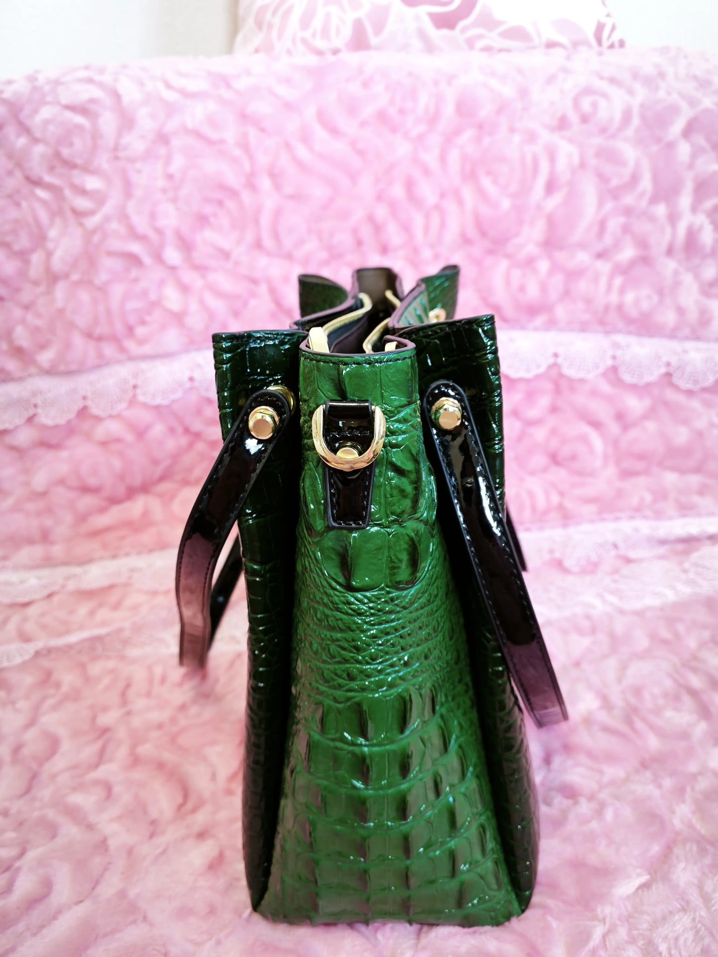 Emerald Green Crocodile Pattern Color-Block Handle Large Bucket Bag (M190)