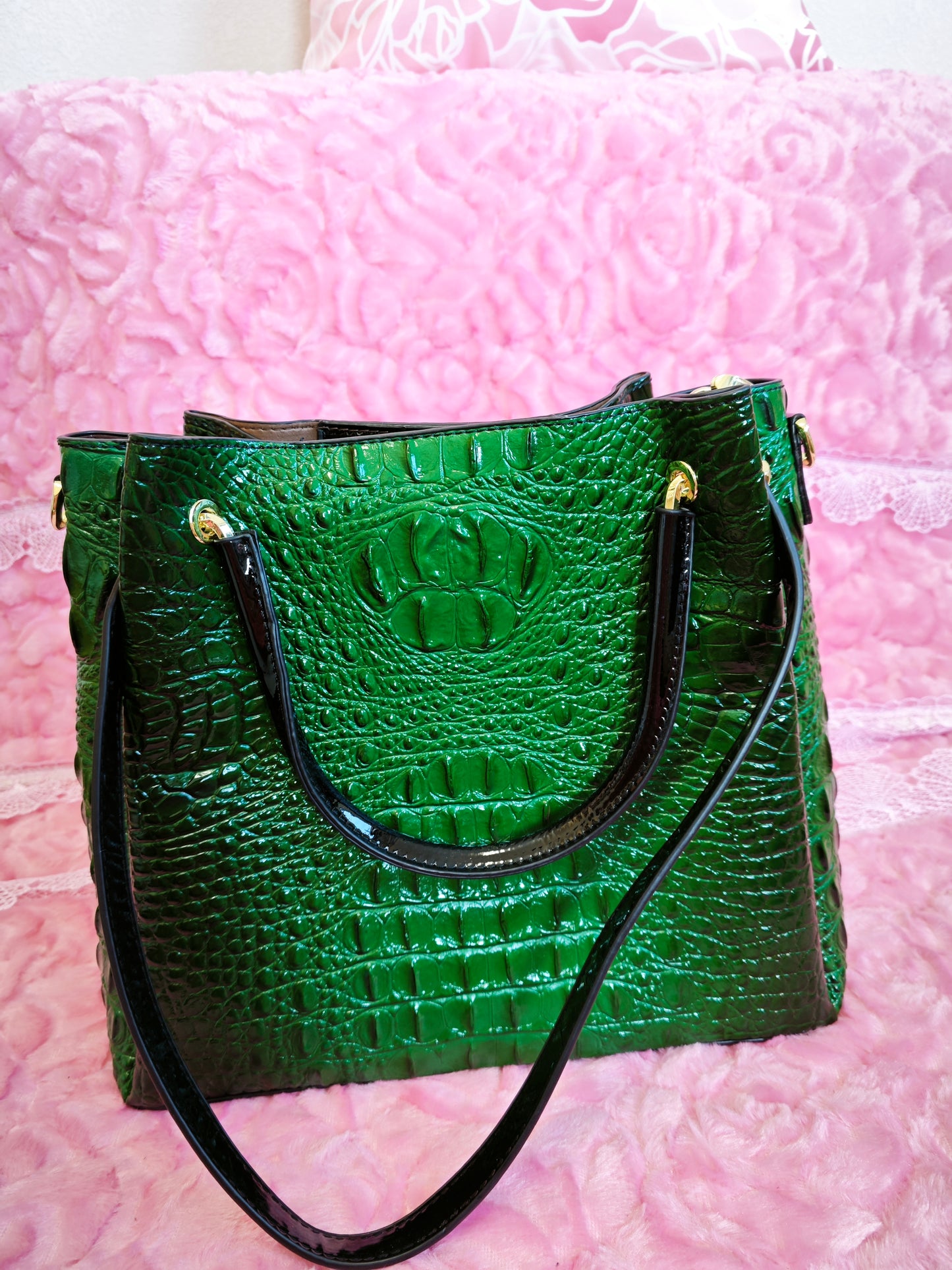 Dark Green Patent 3D Crocodile-Print Handbag with Contrast Handles