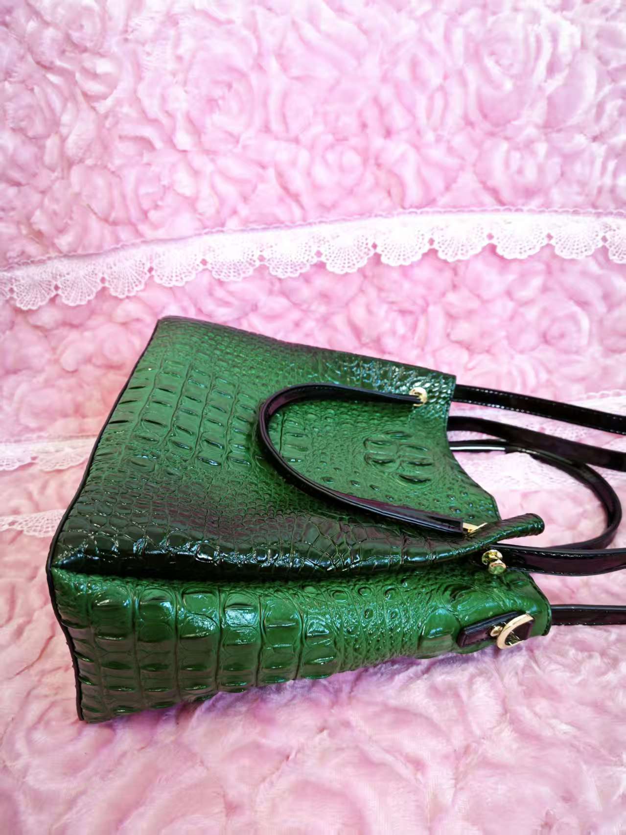 Dark Green Patent 3D Crocodile-Print Handbag with Contrast Handles