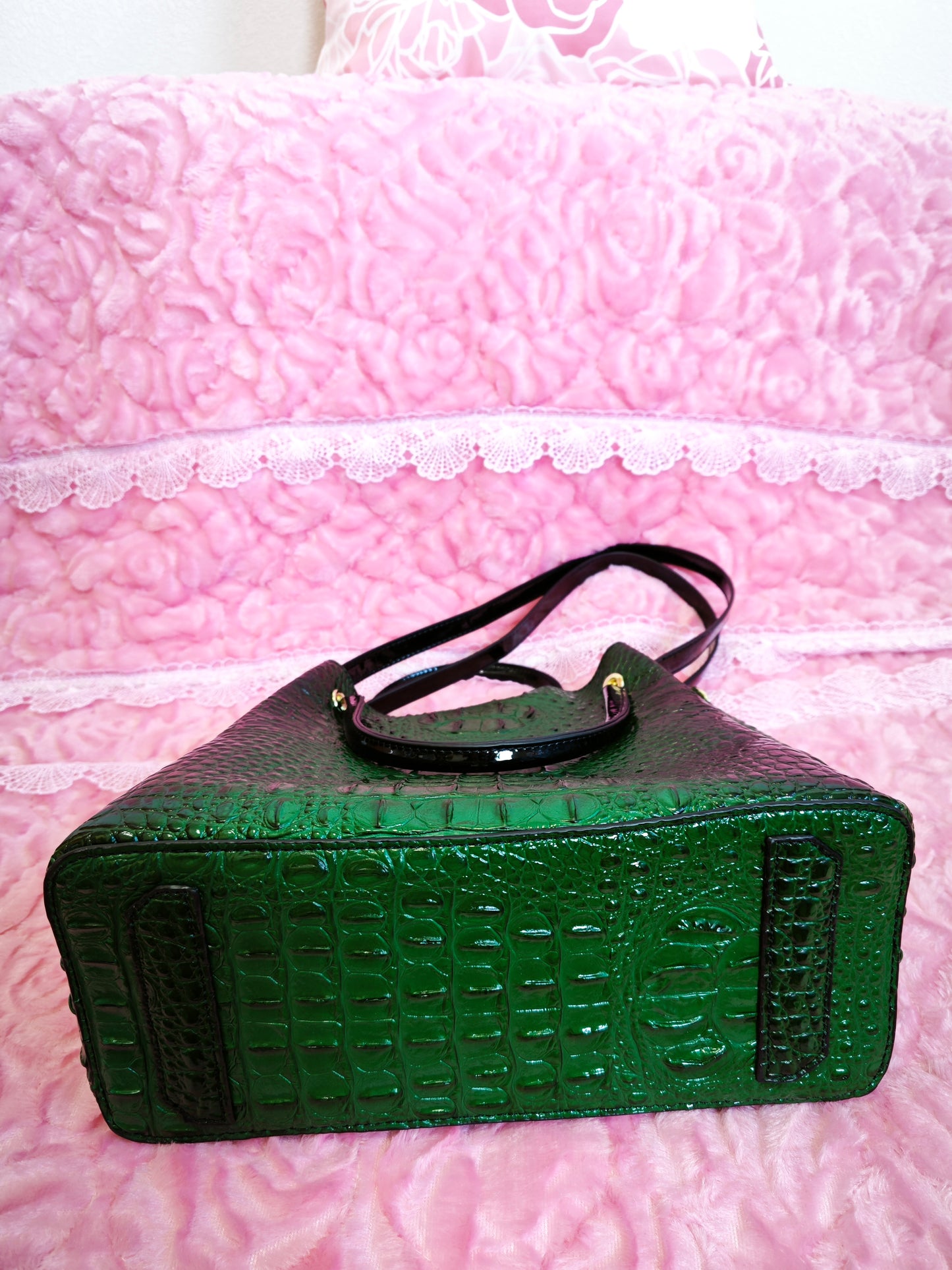 Dark Green Patent 3D Crocodile-Print Handbag with Contrast Handles