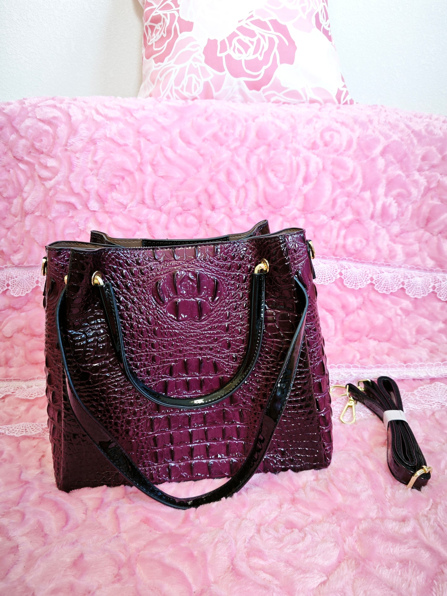 Deep Purple Patent 3D Crocodile-Print Handbag with Contrast Handles