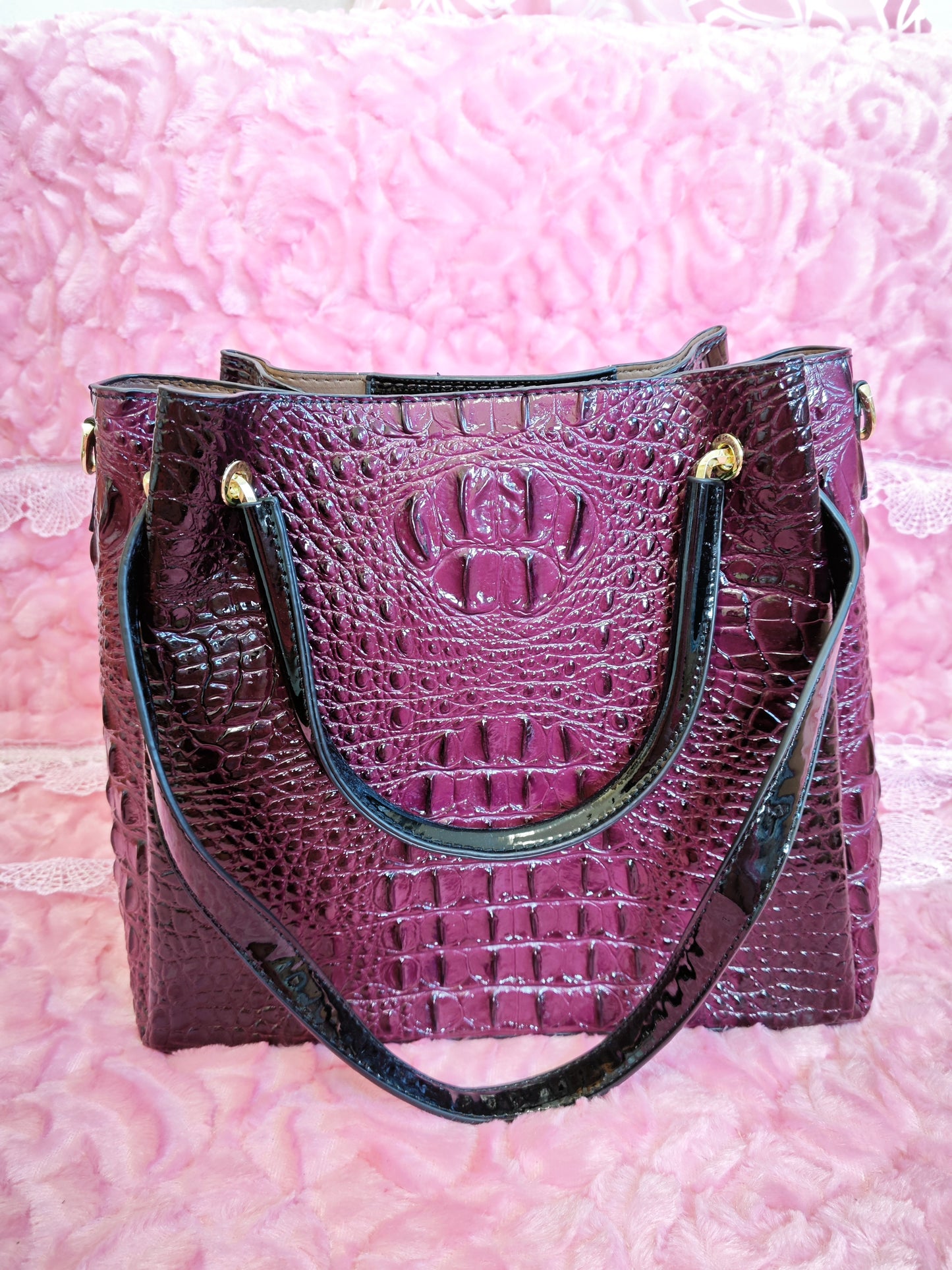 Deep Purple Patent 3D Crocodile-Print Handbag with Contrast Handles