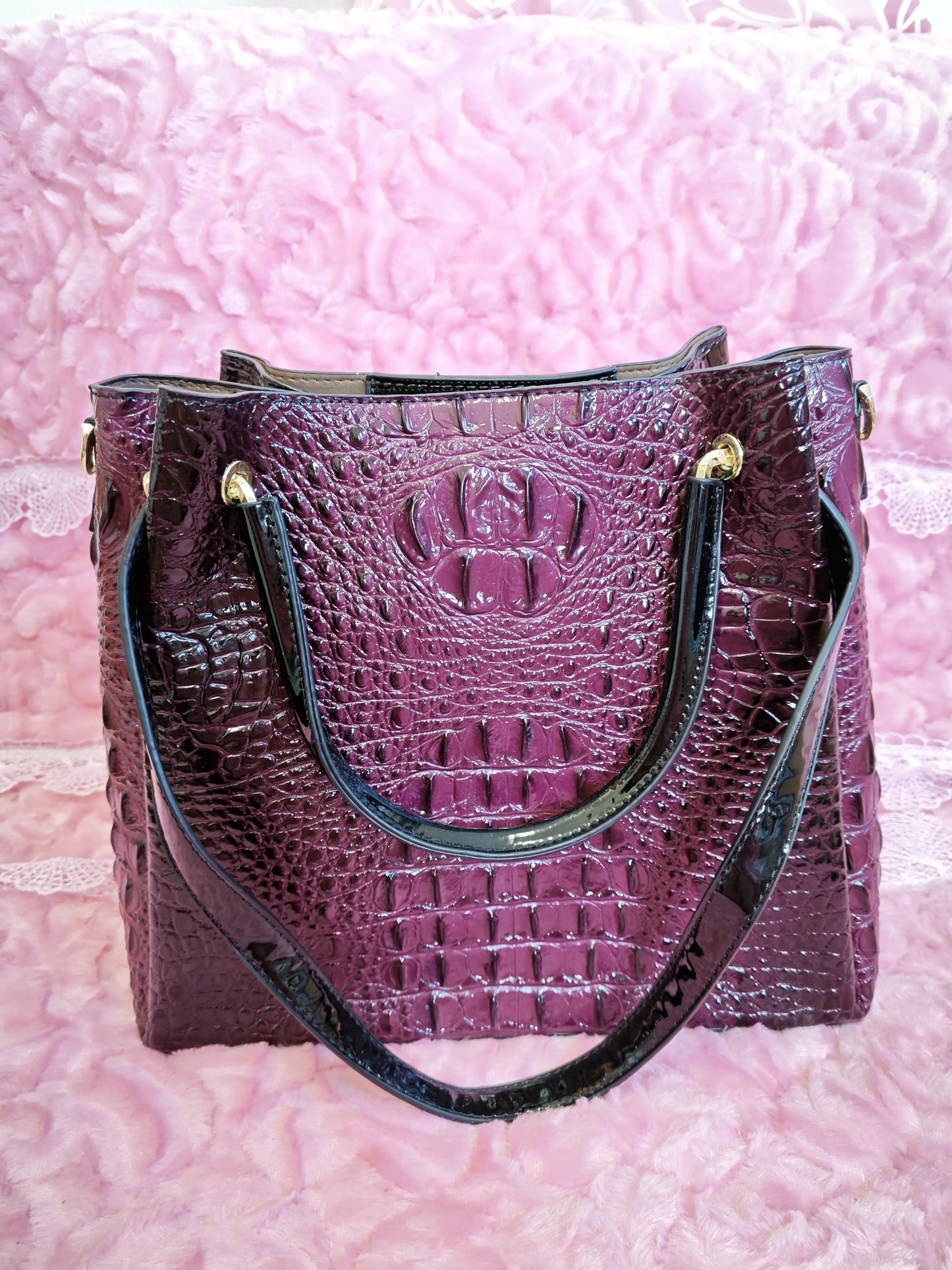 Grape Purple Crocodile Pattern Color-Block Handle Large Bucket Bag (M191)