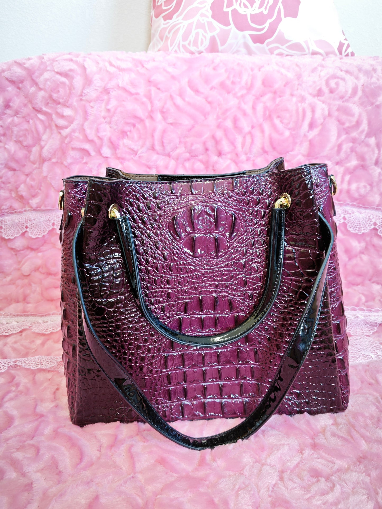 Deep Purple Patent 3D Crocodile-Print Handbag with Contrast Handles