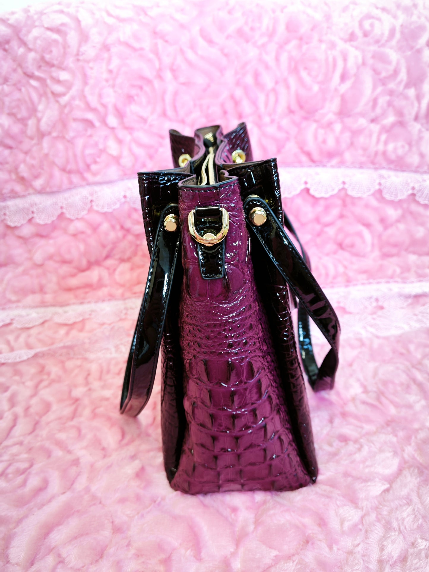 Deep Purple Patent 3D Crocodile-Print Handbag with Contrast Handles