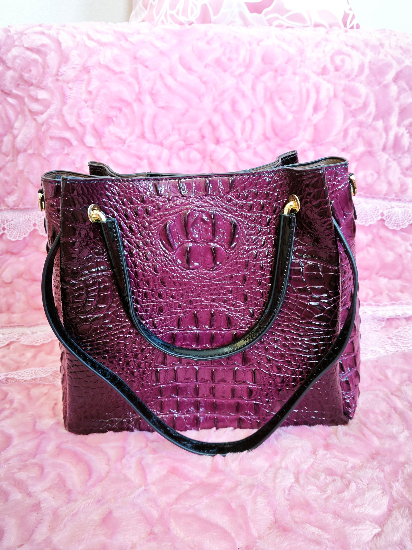 Deep Purple Patent 3D Crocodile-Print Handbag with Contrast Handles