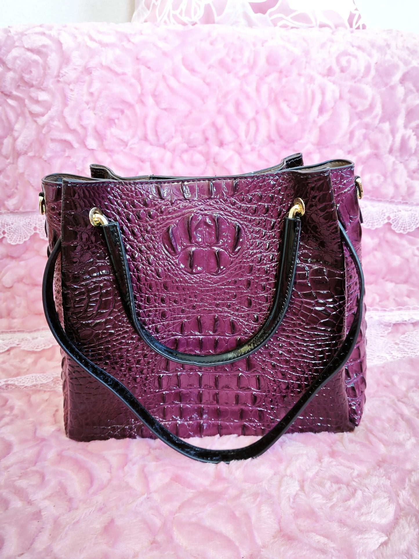 Grape Purple Crocodile Pattern Color-Block Handle Large Bucket Bag (M191)