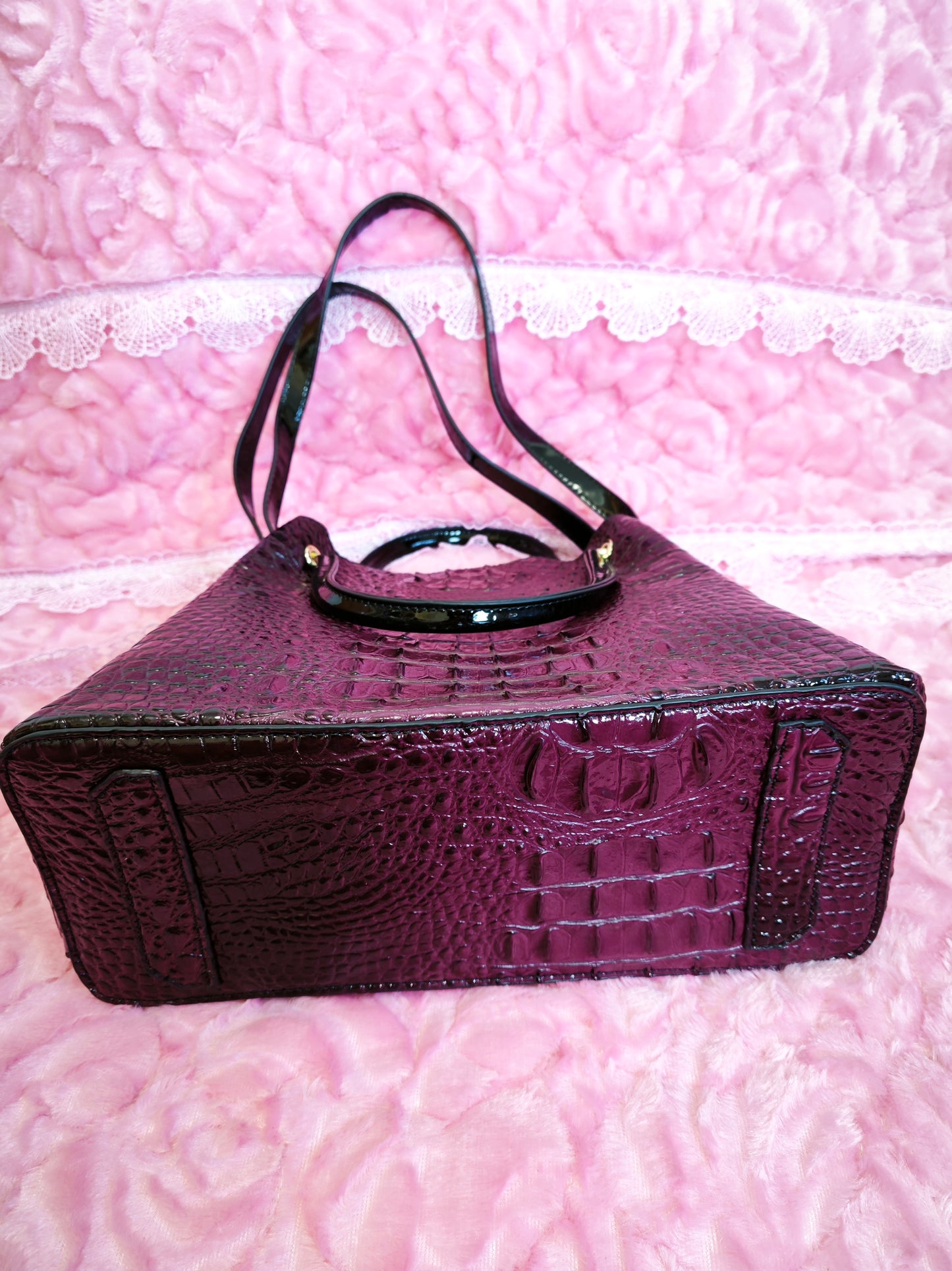 Deep Purple Patent 3D Crocodile-Print Handbag with Contrast Handles