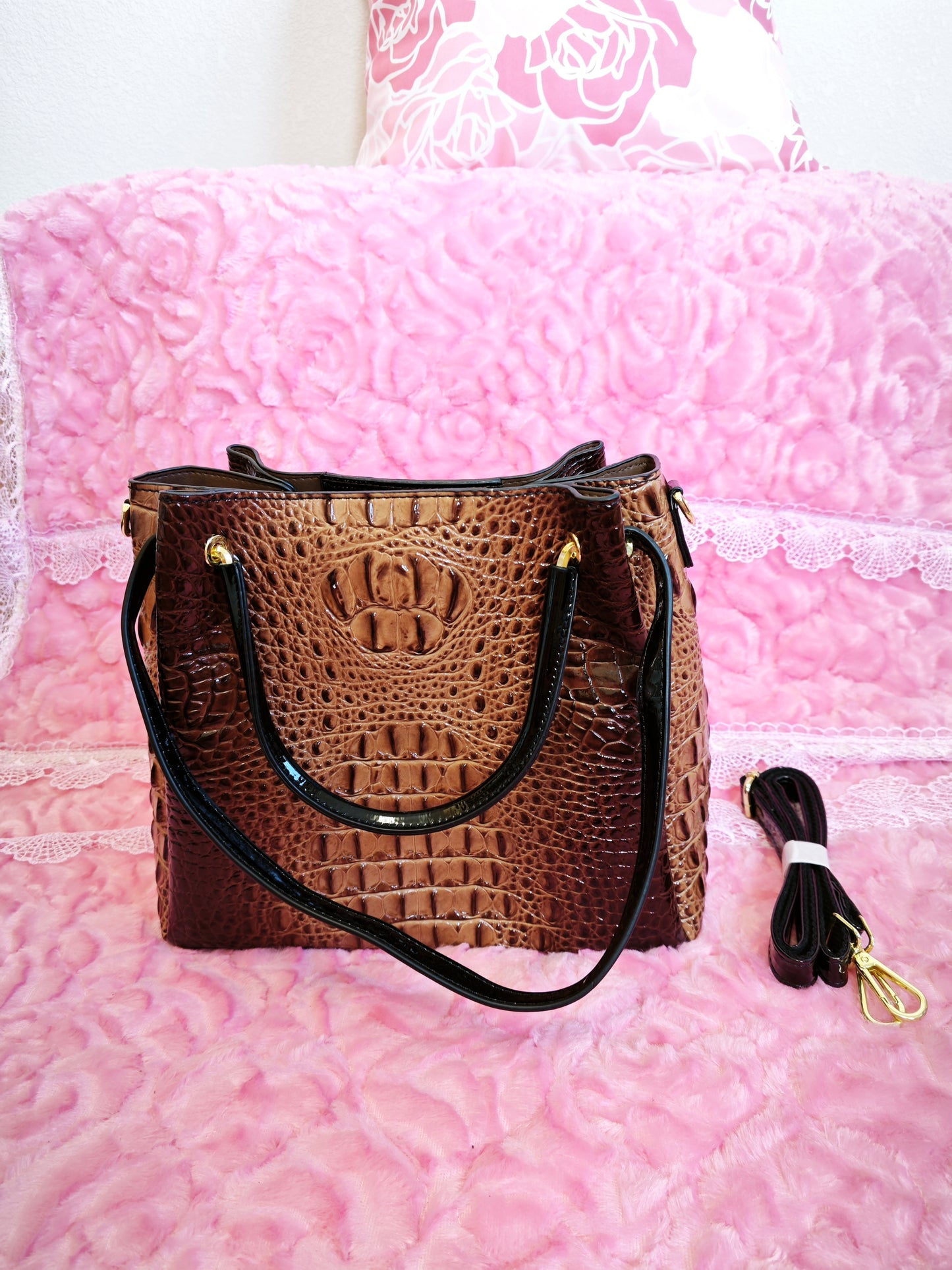 Tan-Brown Gradient Patent 3D Crocodile-Print Handbag with Contrast Handles