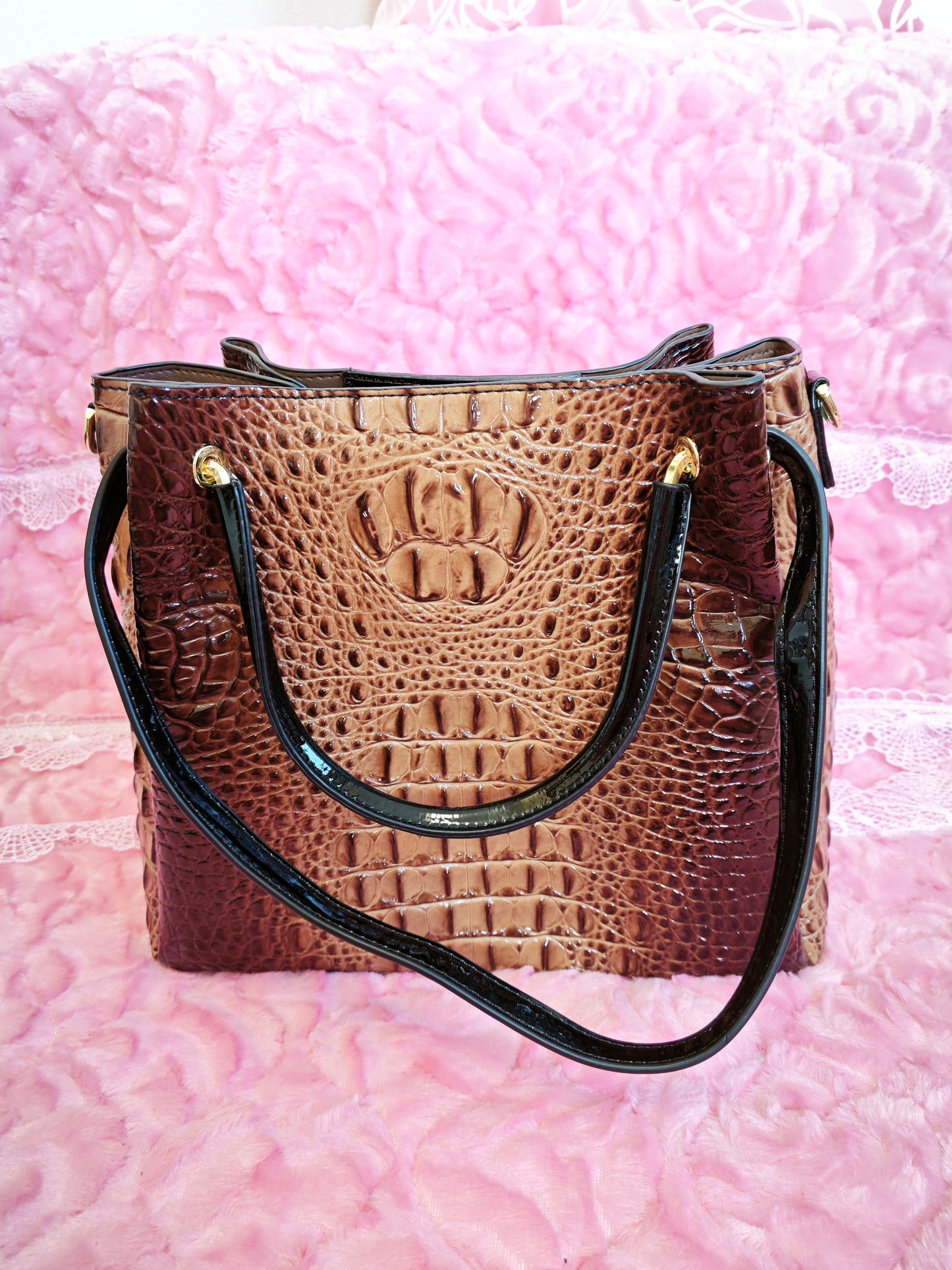 Tan-Brown Gradient Patent 3D Crocodile-Print Handbag with Contrast Handles