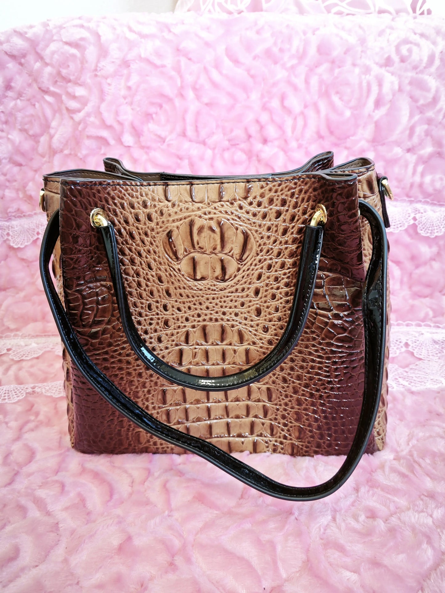 Caramel Brown Crocodile Pattern Color-Block Handle Large Bucket Bag (M192)