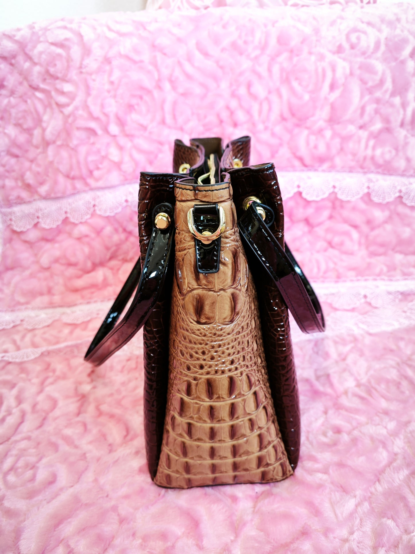 Tan-Brown Gradient Patent 3D Crocodile-Print Handbag with Contrast Handles