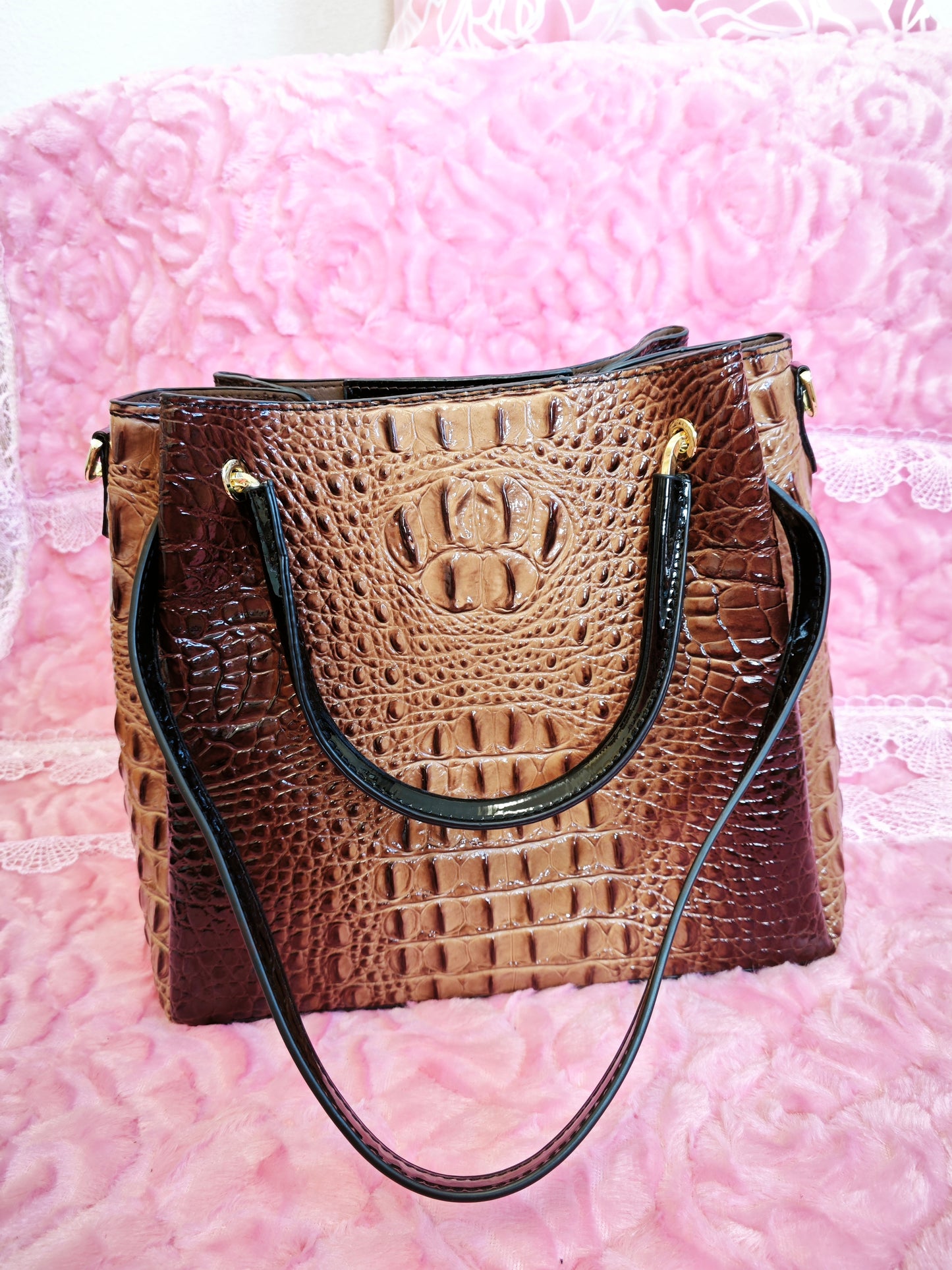 Tan-Brown Gradient Patent 3D Crocodile-Print Handbag with Contrast Handles