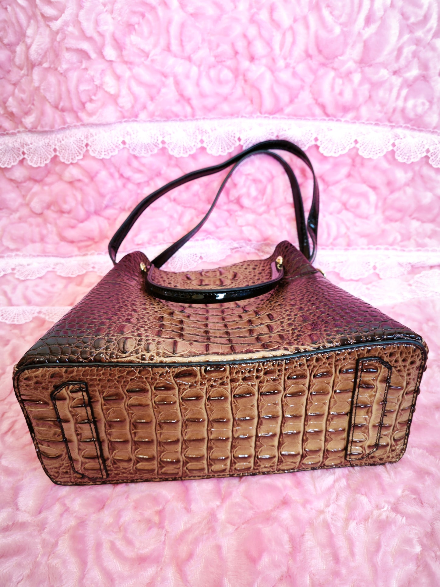 Tan-Brown Gradient Patent 3D Crocodile-Print Handbag with Contrast Handles