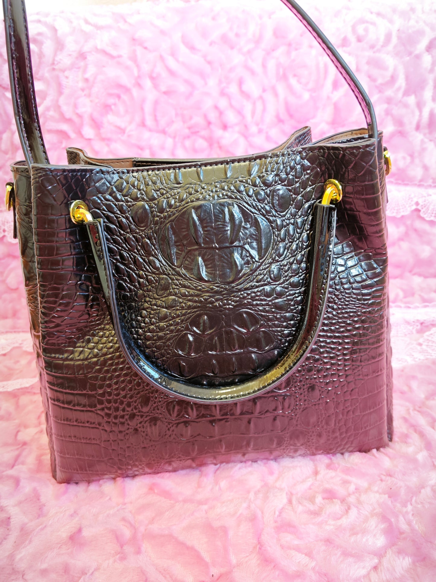 Black-Purple Gradient Patent 3D Crocodile-Print Handbag with Contrast Handles