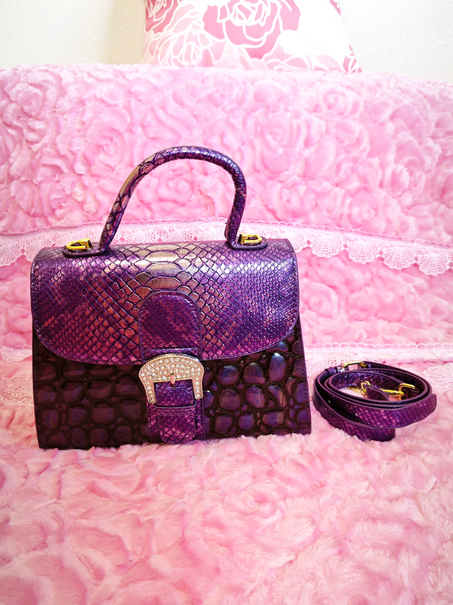Purple Gradient Snake & Crocodile Print Handbag with Crystal Buckle