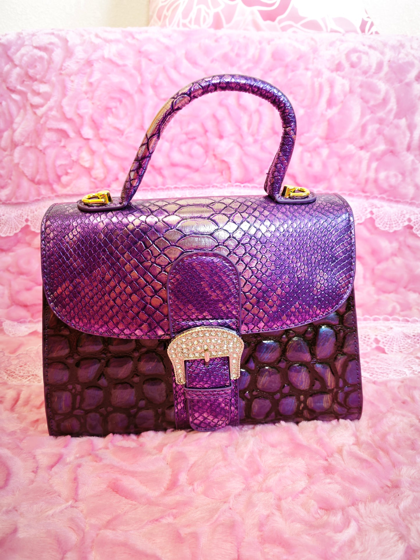Purple Gradient Snake & Crocodile Print Handbag with Crystal Buckle