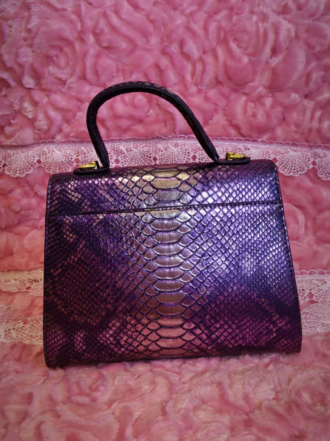 Purple Gradient Snake & Crocodile Print Handbag with Crystal Buckle