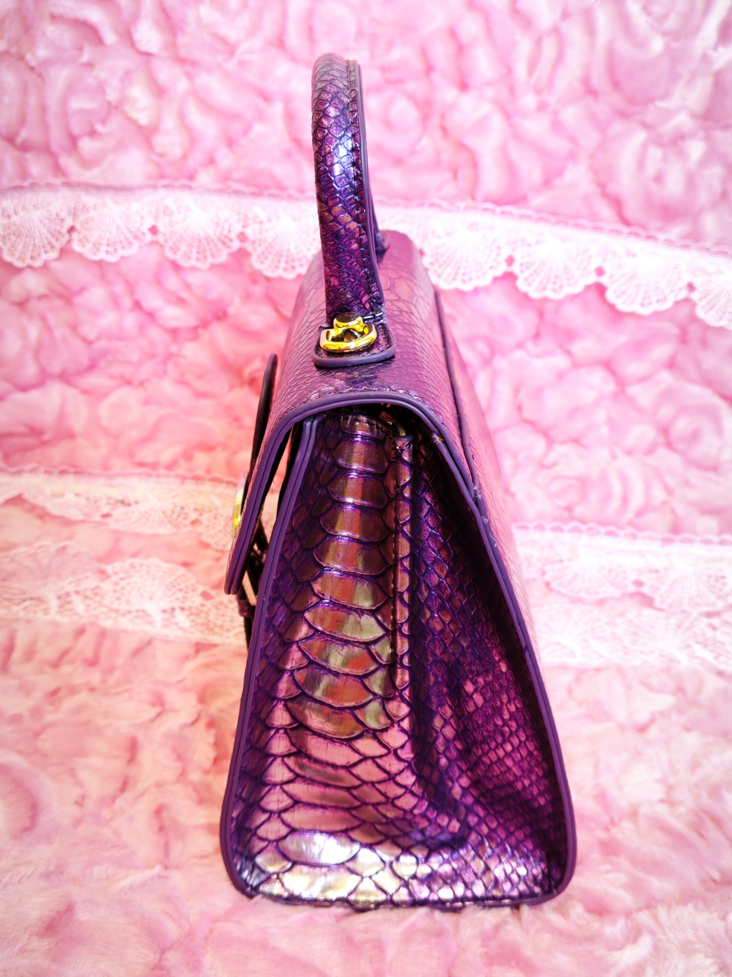 Purple Gradient Snake & Crocodile Print Handbag with Crystal Buckle