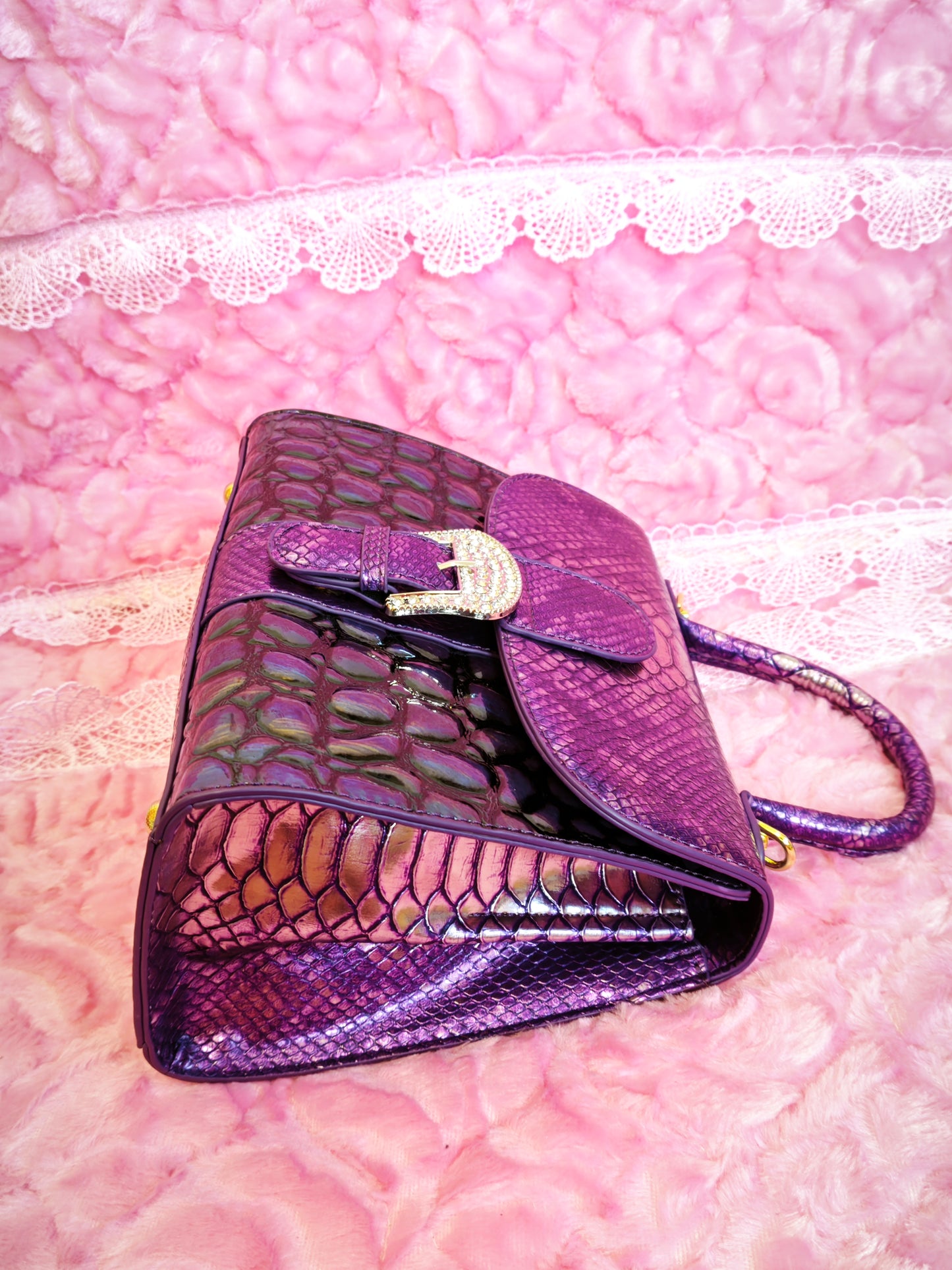 Purple Gradient Snake & Crocodile Print Handbag with Crystal Buckle