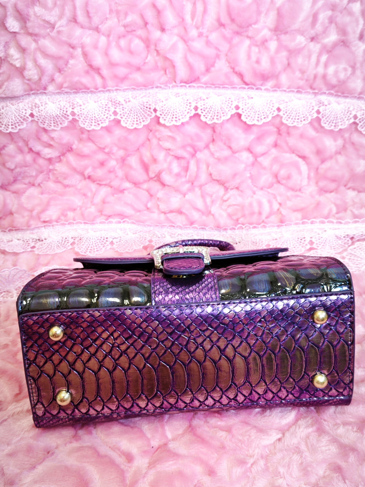 Purple Gradient Snake & Crocodile Print Handbag with Crystal Buckle