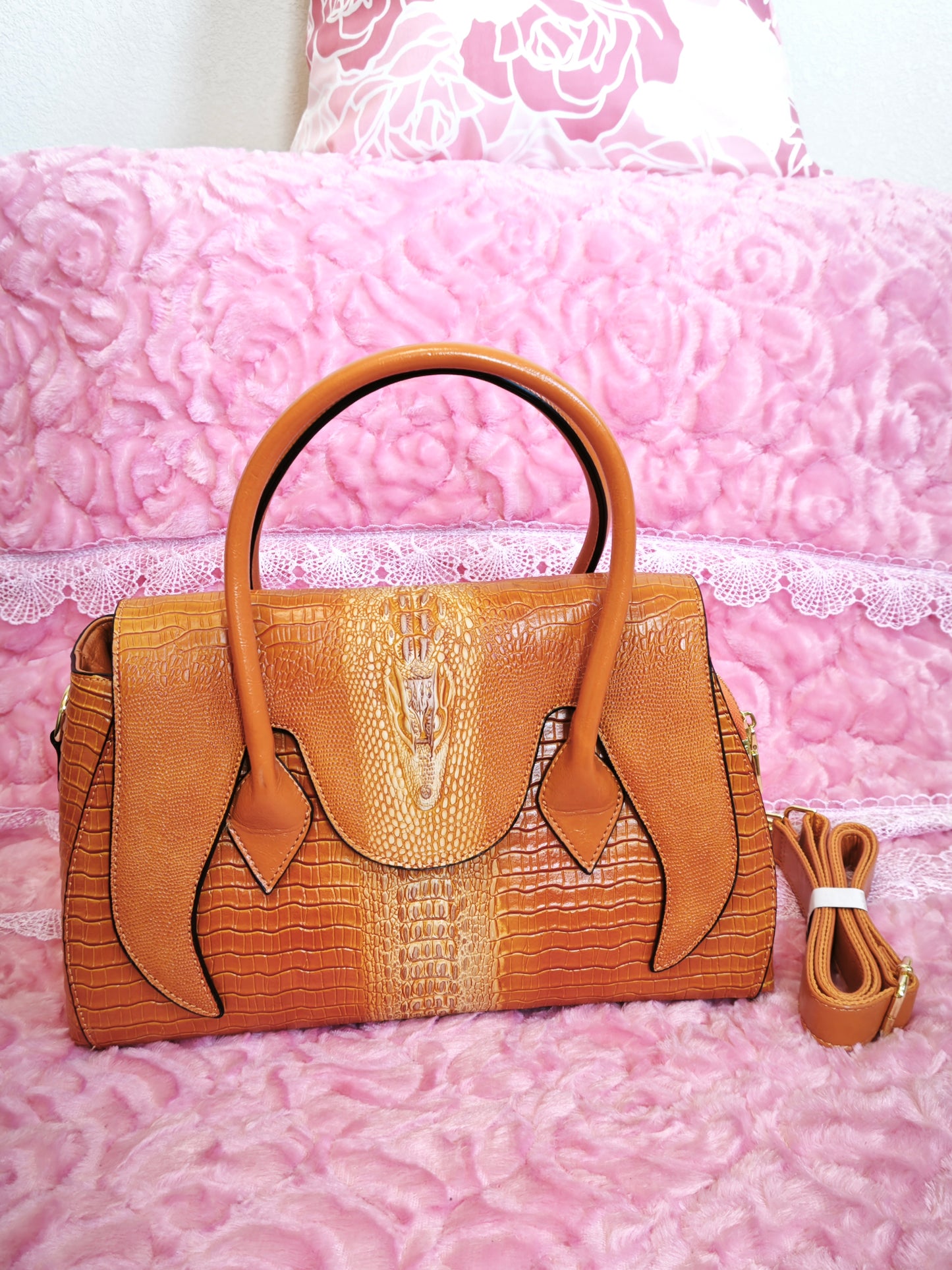 Tan-Yellow Gradient Crocodile-Print Handbag with Contrast Panels