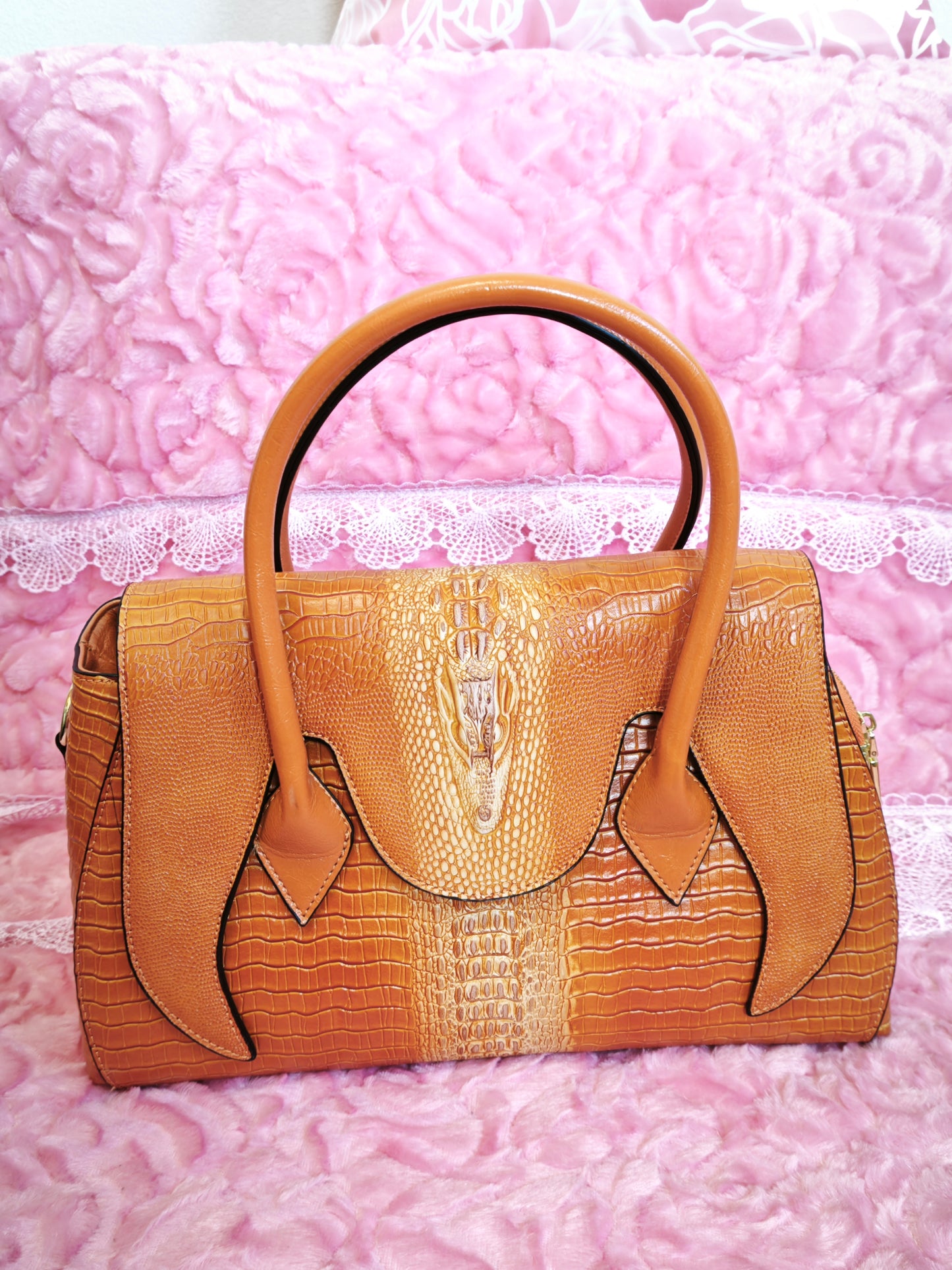 Tan-Yellow Gradient Crocodile-Print Handbag with Contrast Panels