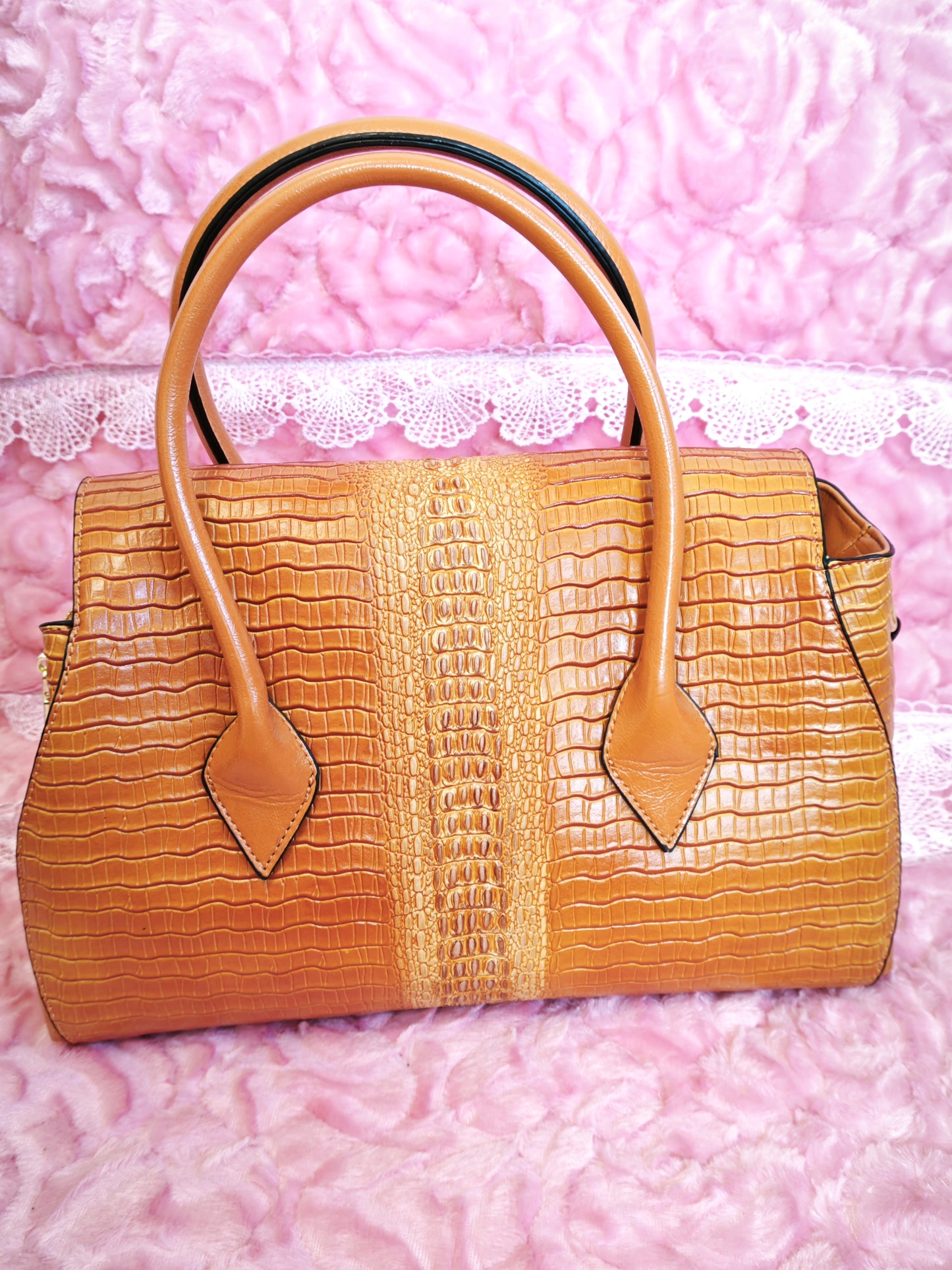 Tan-Yellow Gradient Crocodile-Print Handbag with Contrast Panels
