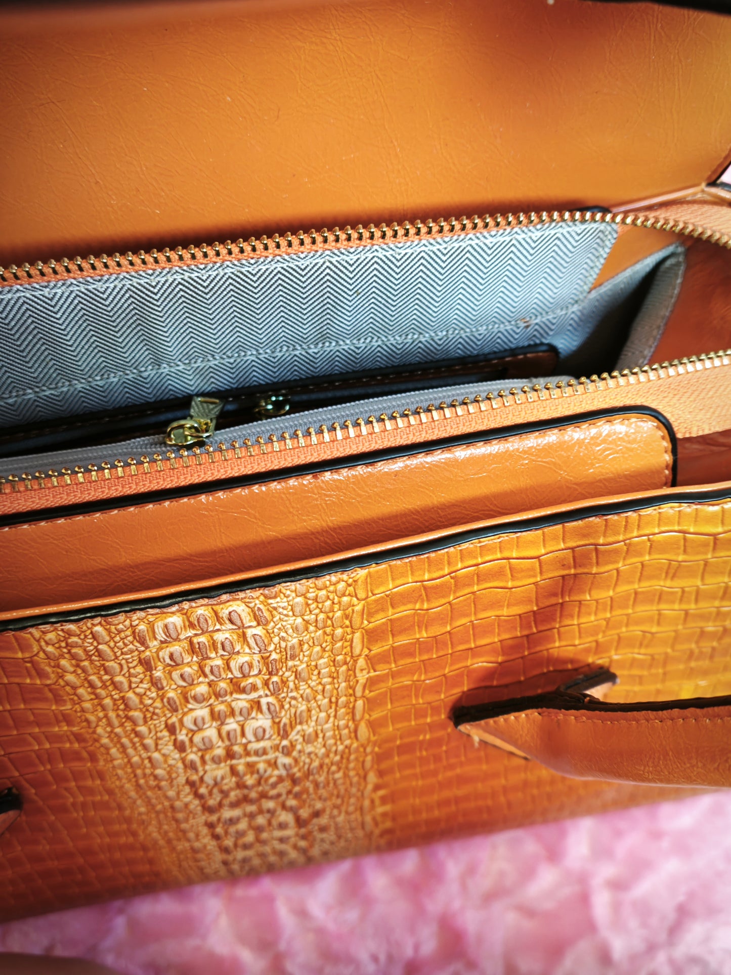 Tan-Yellow Gradient Crocodile-Print Handbag with Contrast Panels