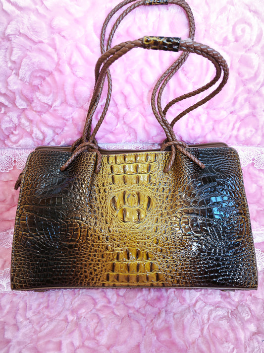 Tan-Black Gradient 3D Crocodile-Print Handbag with Braided Handles