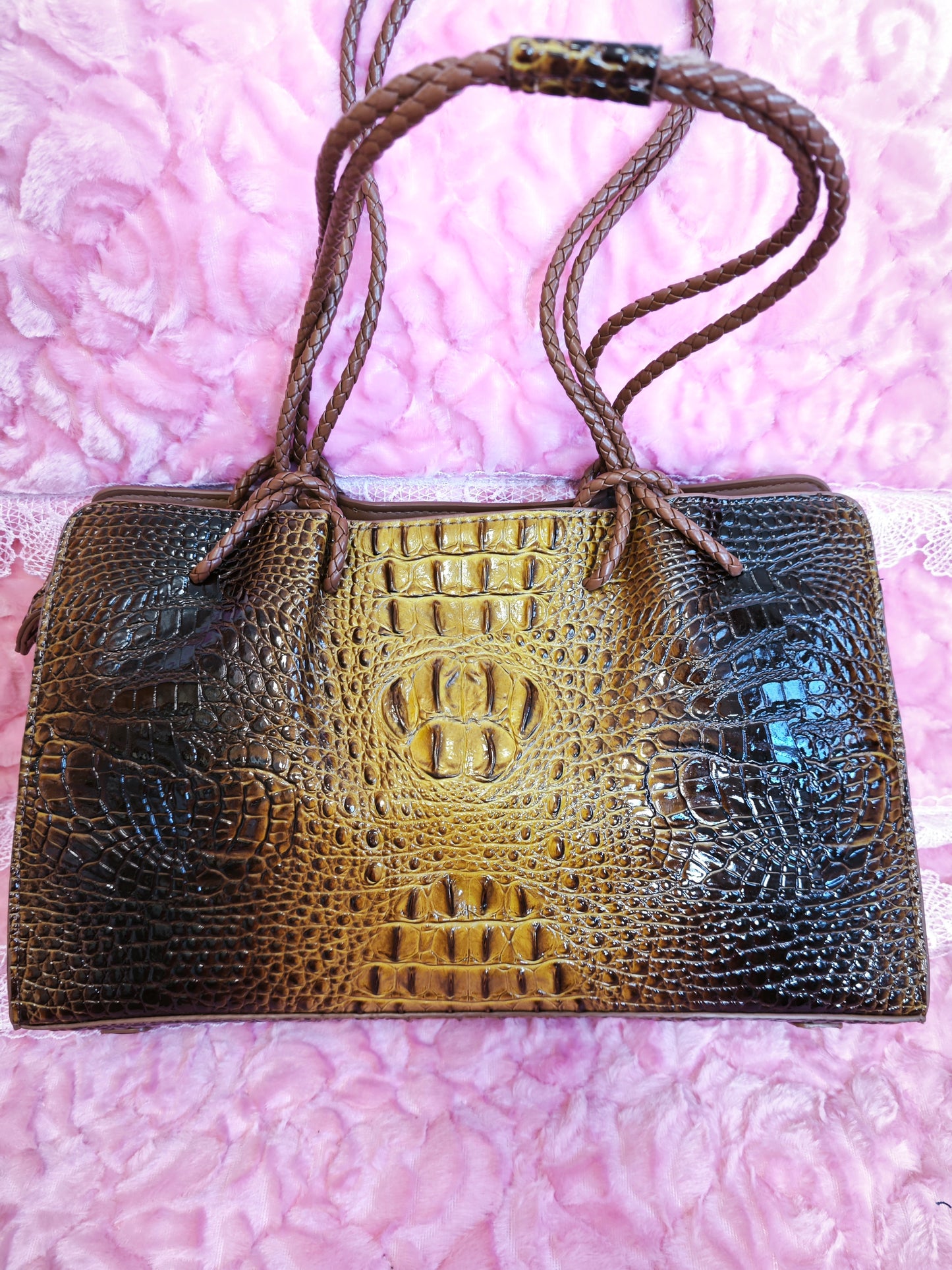 Tan-Black Gradient 3D Crocodile-Print Handbag with Braided Handles