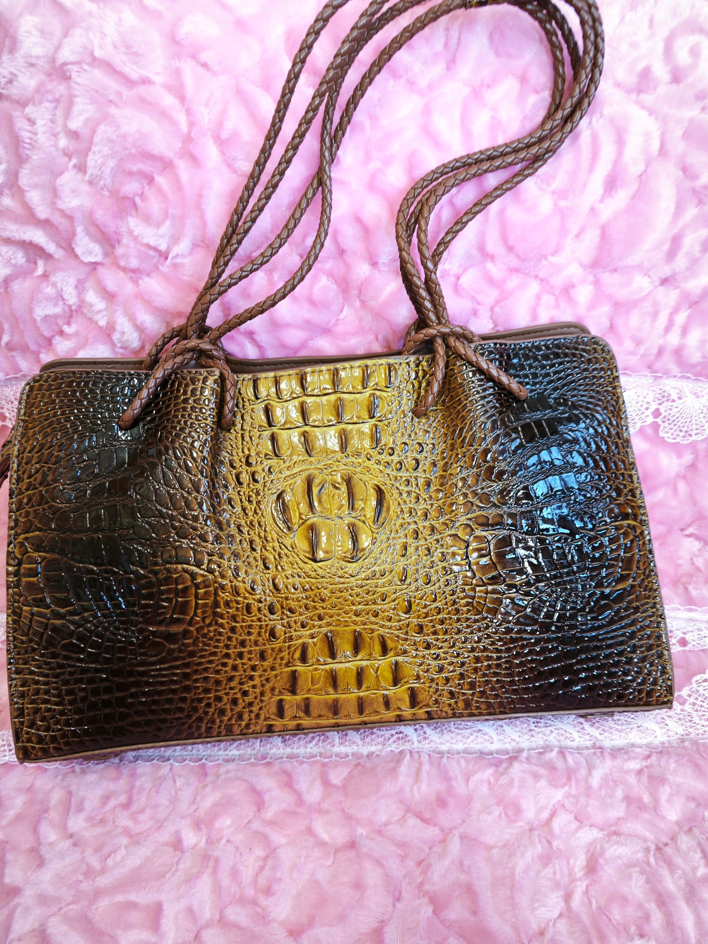 Tan-Black Gradient 3D Crocodile-Print Handbag with Braided Handles