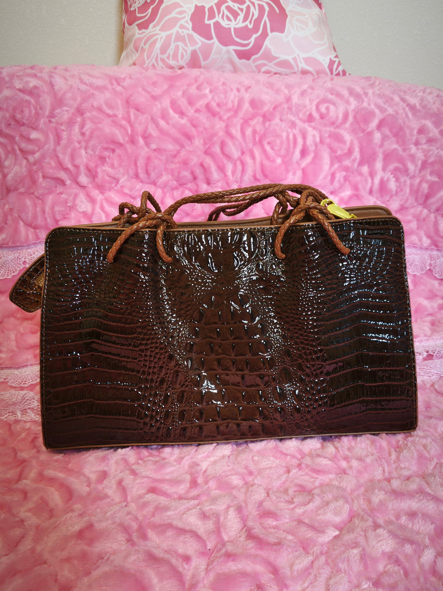Dark Brown Patent 3D Crocodile-Print Handbag with Braided Handles