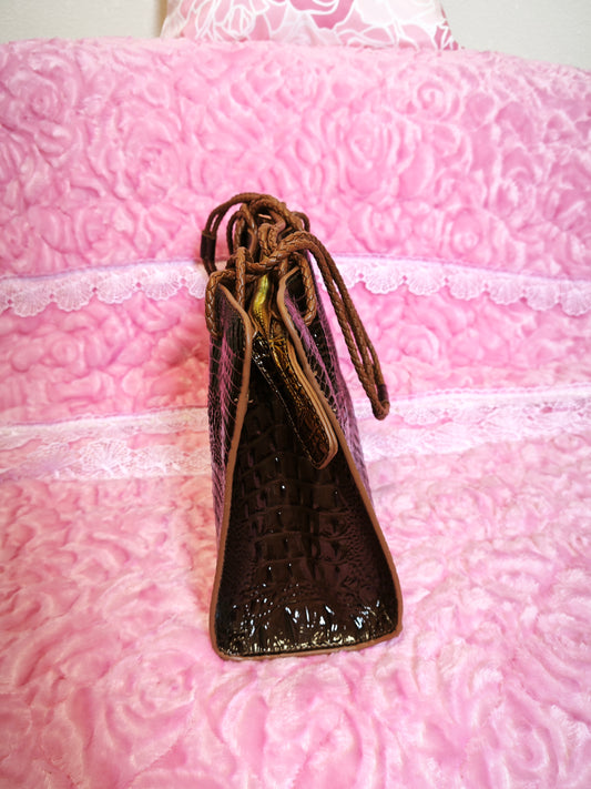 Dark Brown Patent 3D Crocodile-Print Handbag with Braided Handles