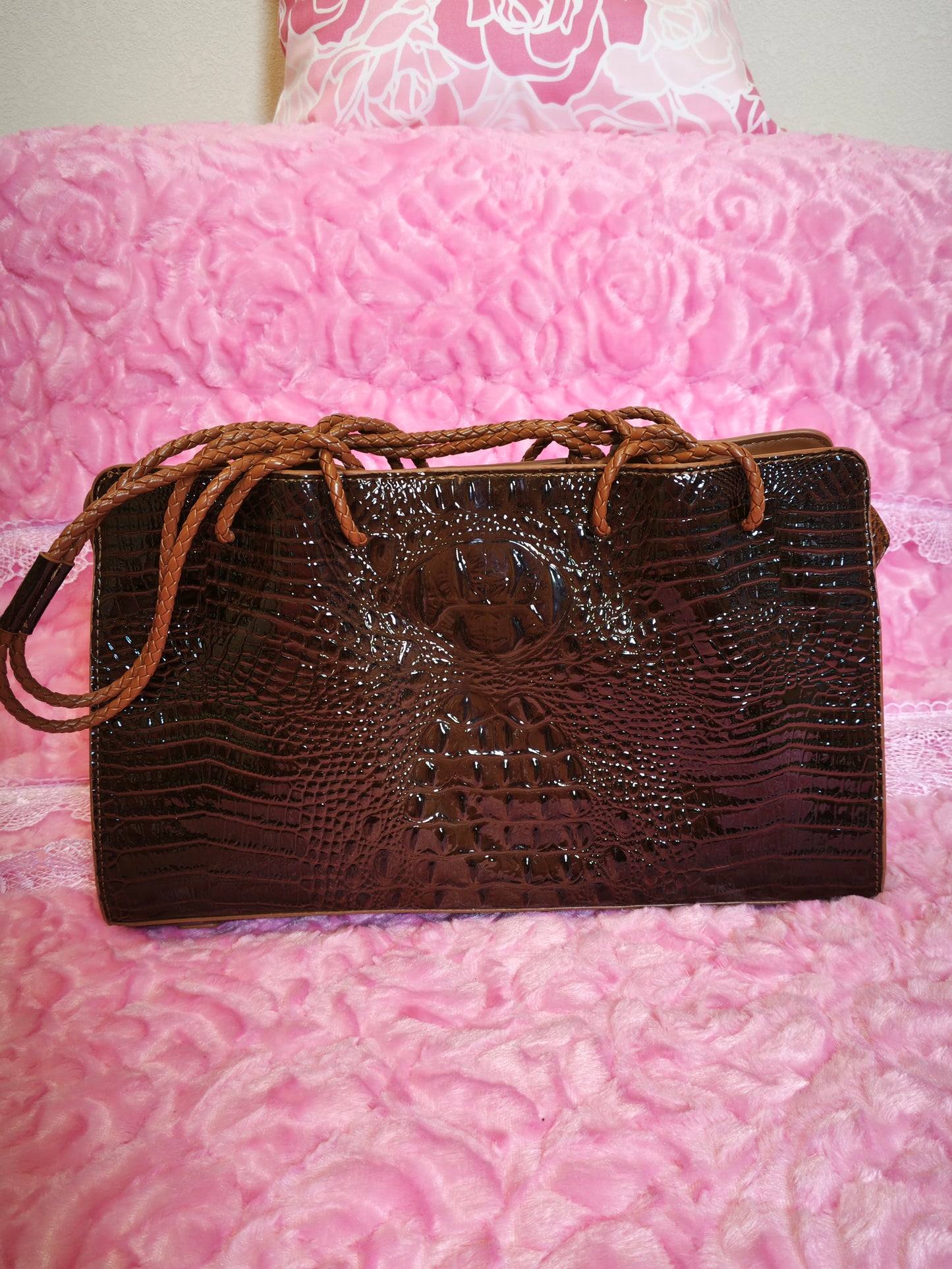 Dark Brown Patent 3D Crocodile-Print Handbag with Braided Handles