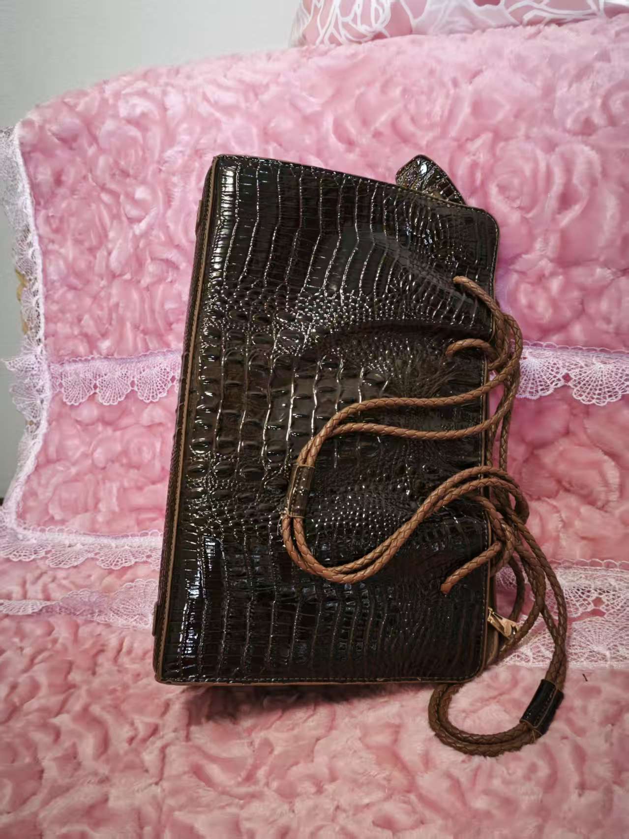 Dark Brown Patent 3D Crocodile-Print Handbag with Braided Handles