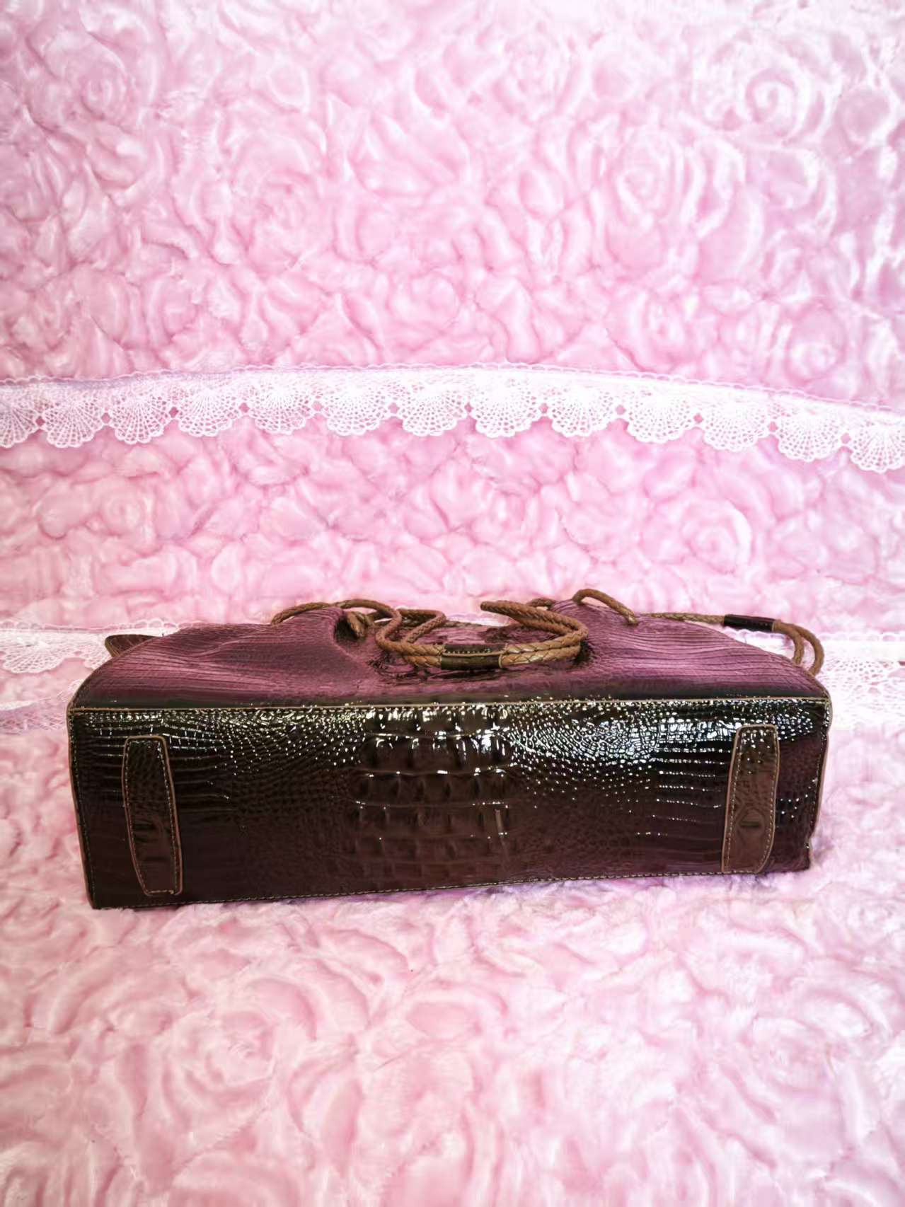 Dark Brown Patent 3D Crocodile-Print Handbag with Braided Handles