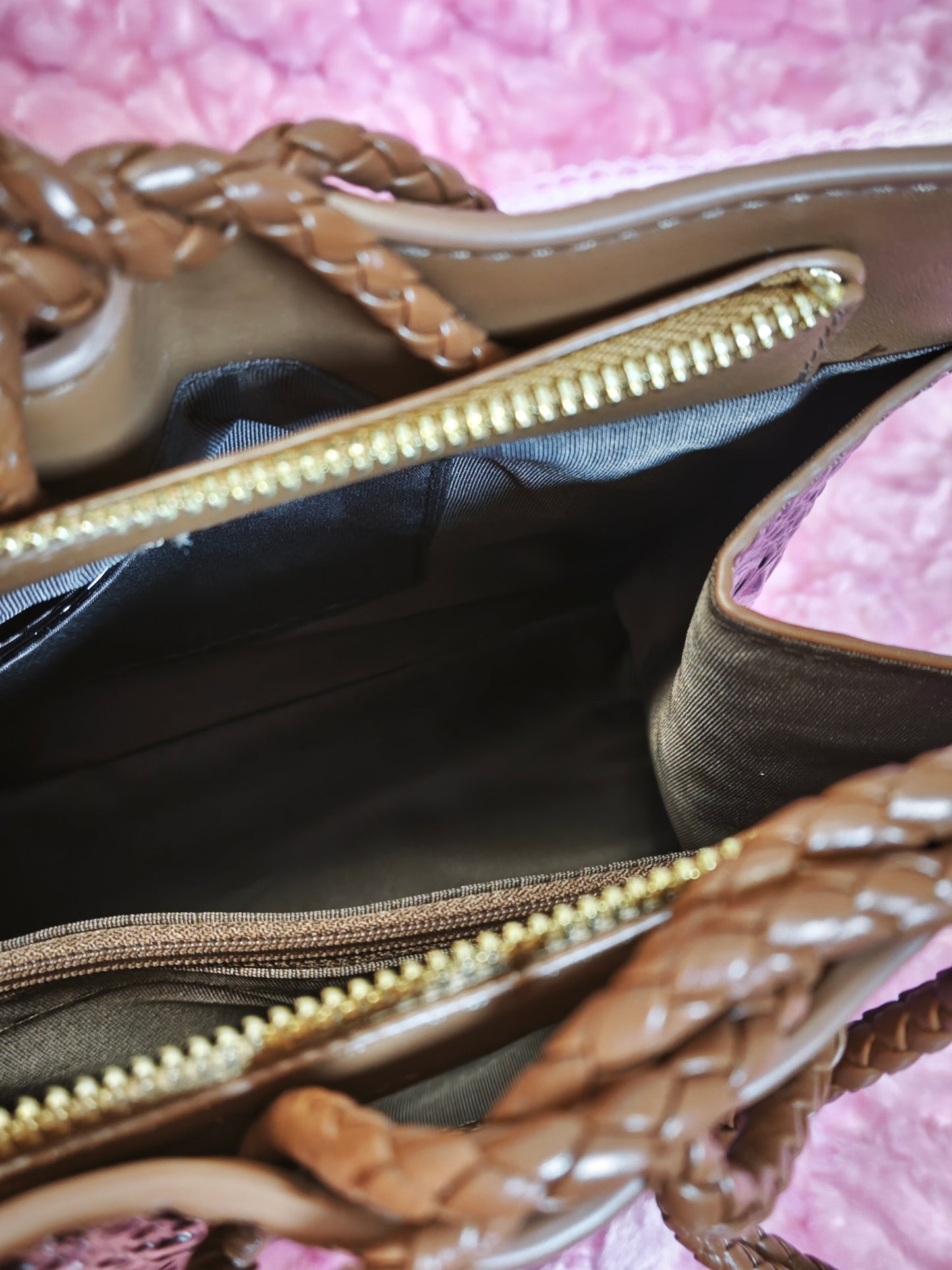 Dark Brown Patent 3D Crocodile-Print Handbag with Braided Handles