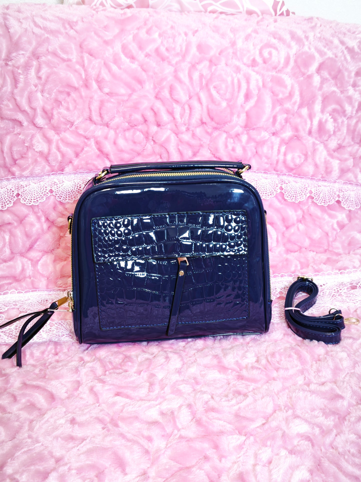 Navy Patent Crocodile-Print Handbag