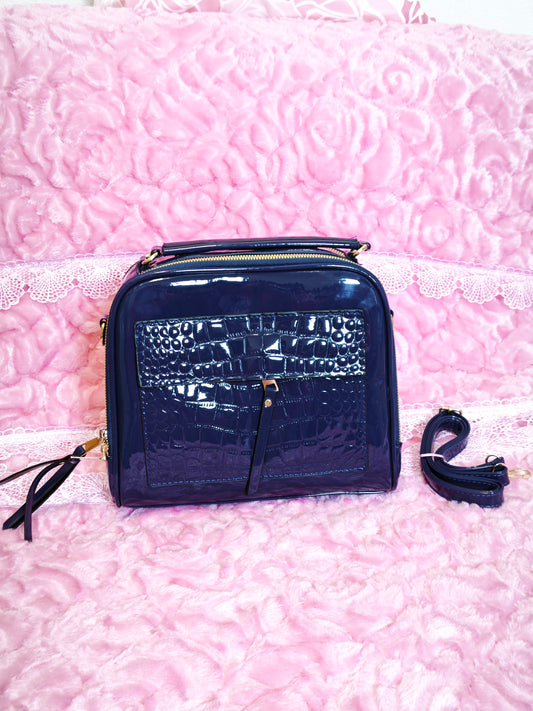 Navy Patent Crocodile-Print Handbag