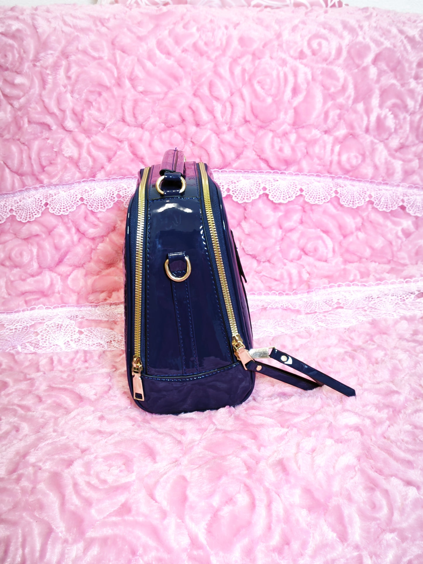 Navy Patent Crocodile-Print Handbag