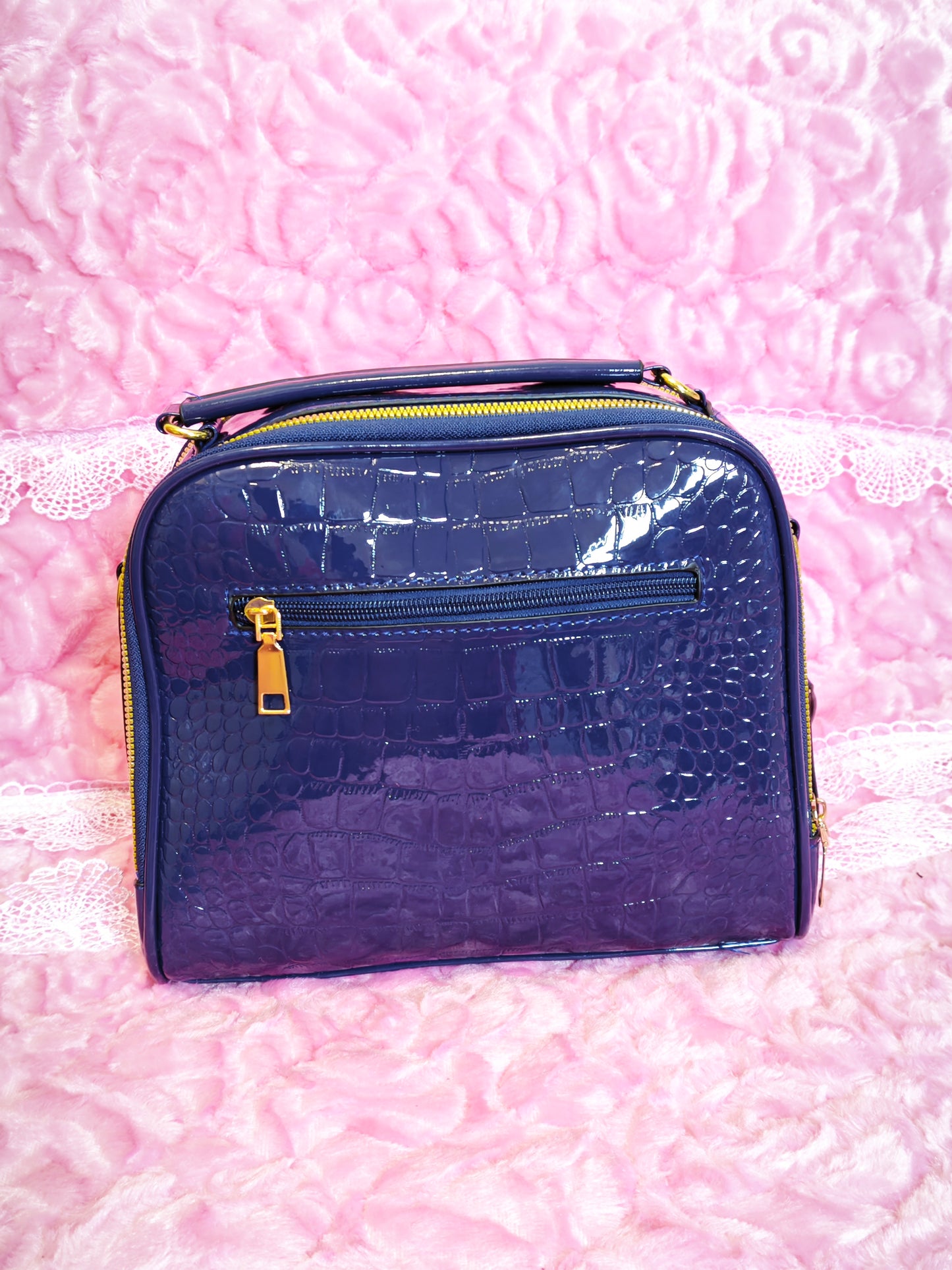 Navy Patent Crocodile-Print Handbag