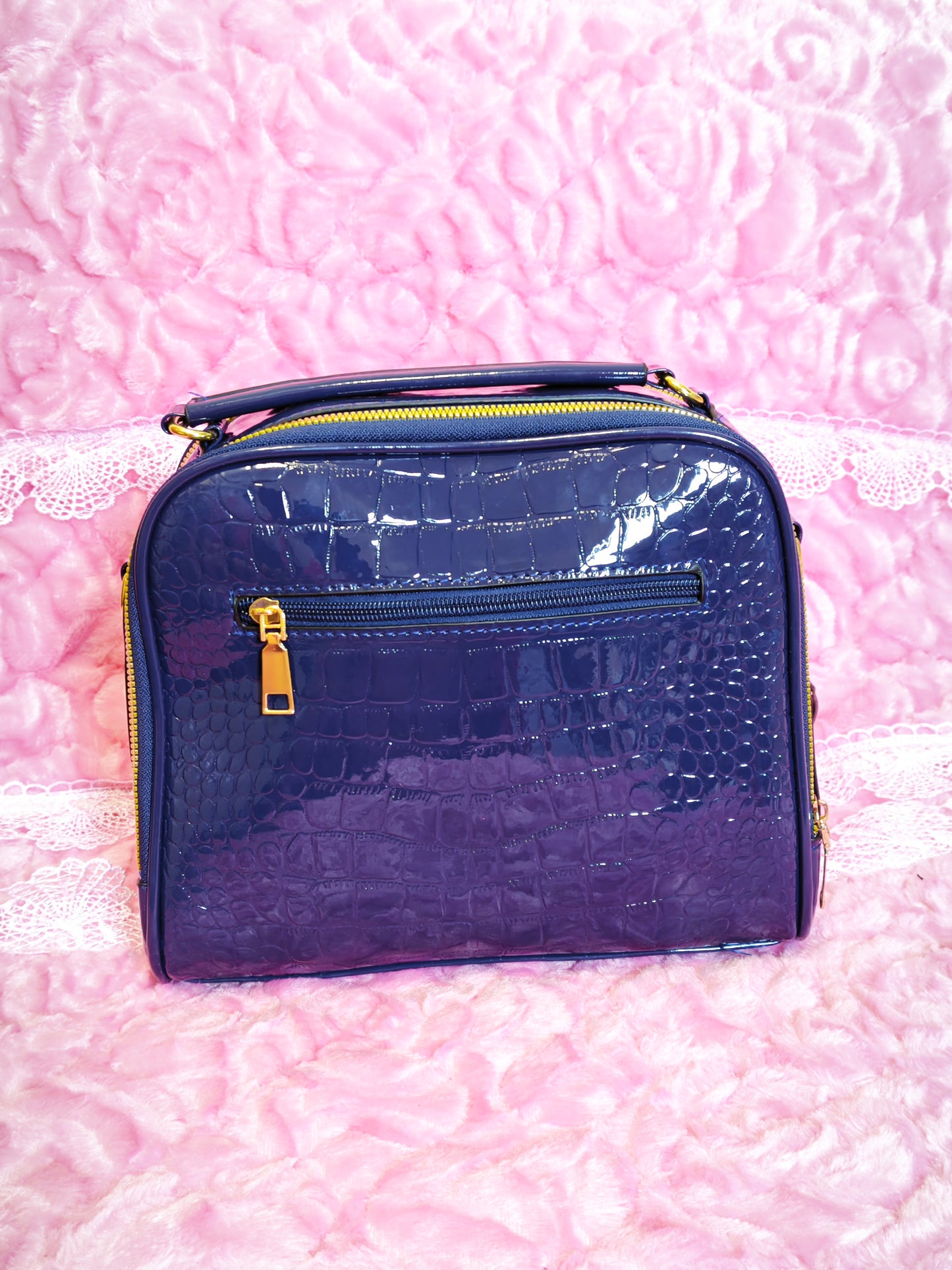 Navy Patent Crocodile-Print Handbag