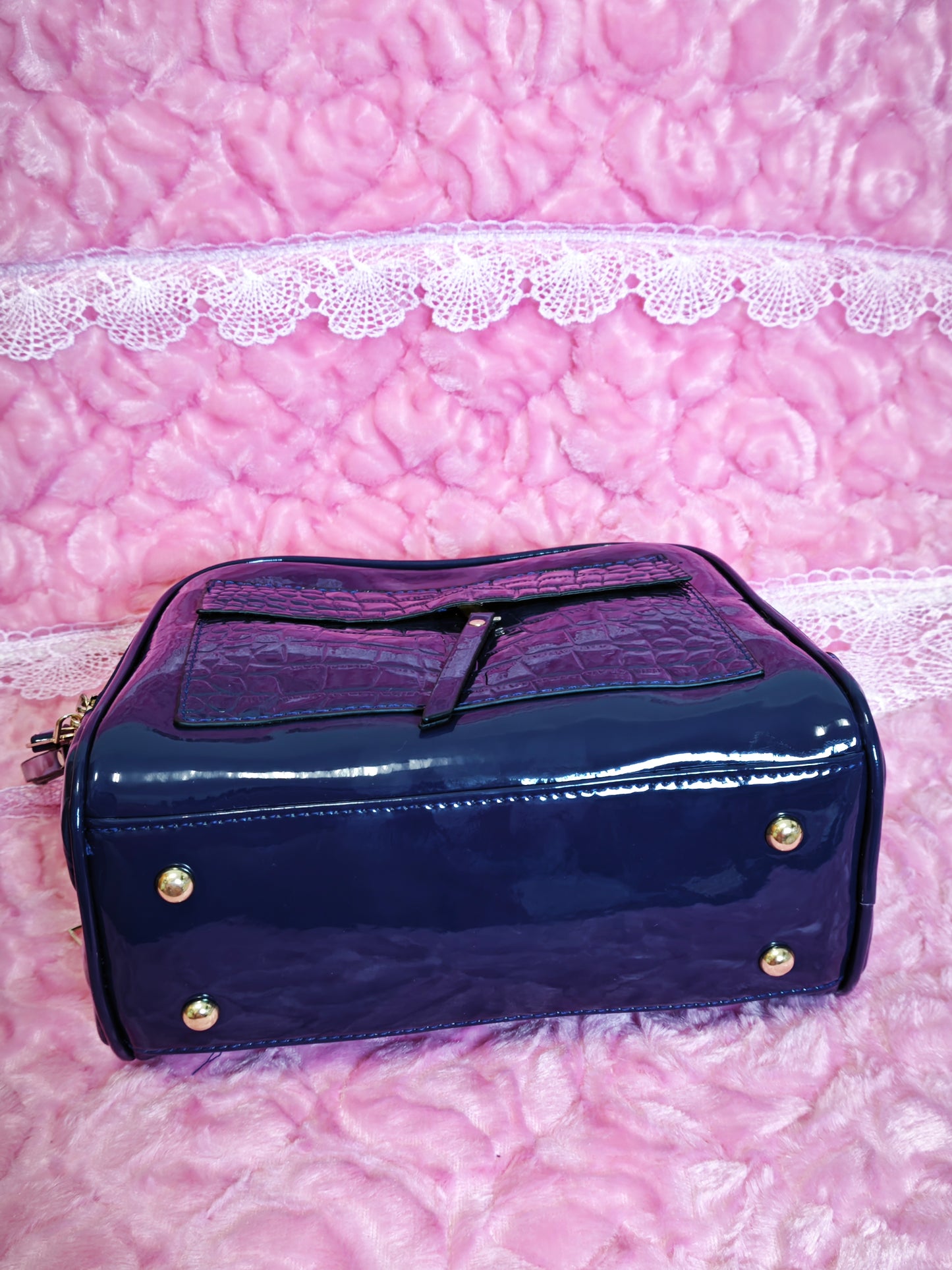 Navy Patent Crocodile-Print Handbag