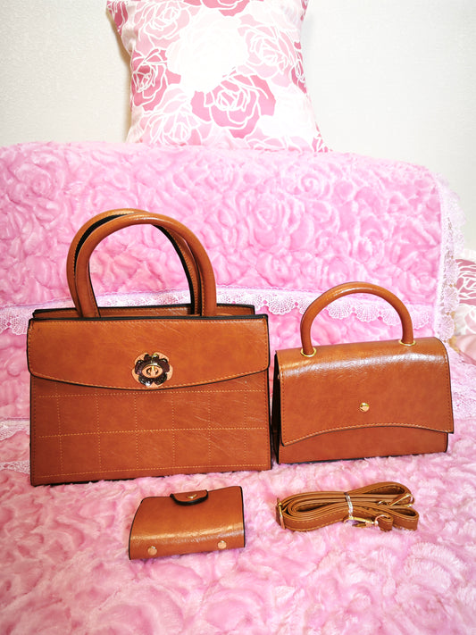 Light Brown Quilted Handbag 3-Piece Set with Embellished Buckle