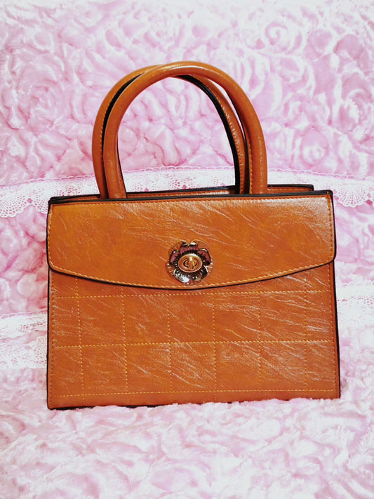 Light Brown Quilted Handbag 3-Piece Set with Embellished Buckle