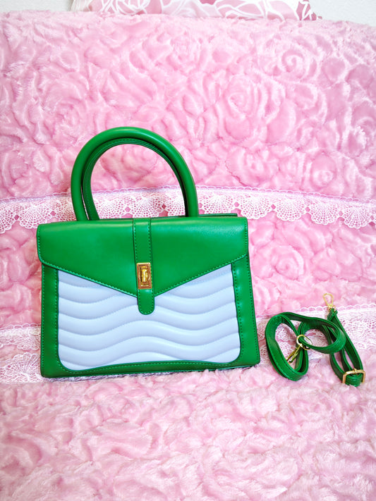 Emerald Green & White Wave-Quilted Handbag with Metal Buckle