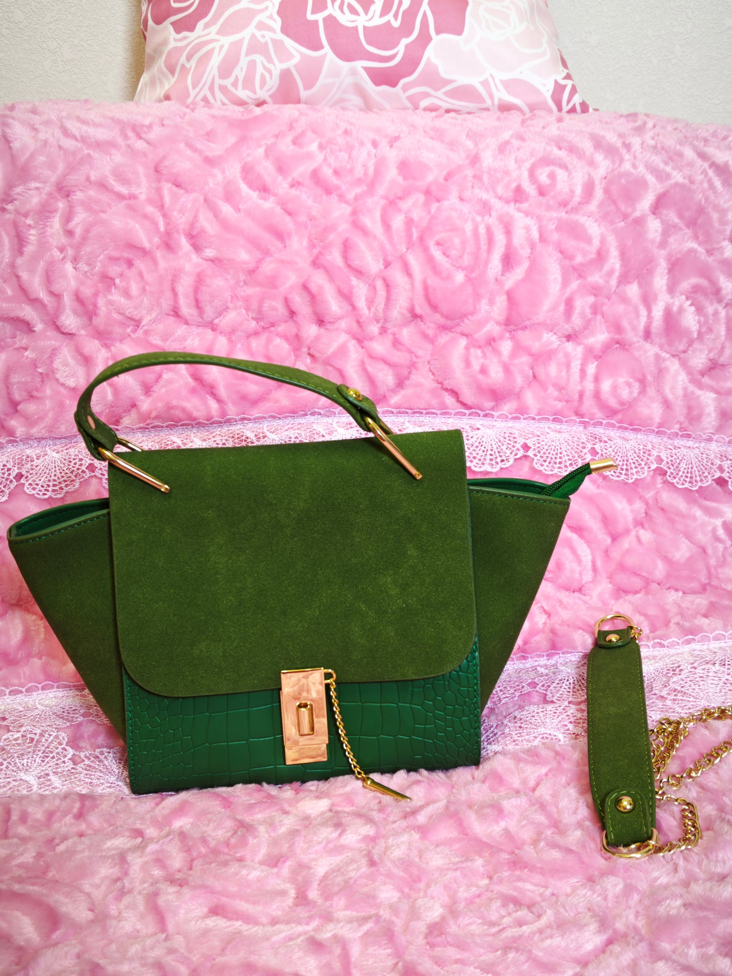 Dark Green Suede & Crocodile-Print Handbag with Metal Buckle